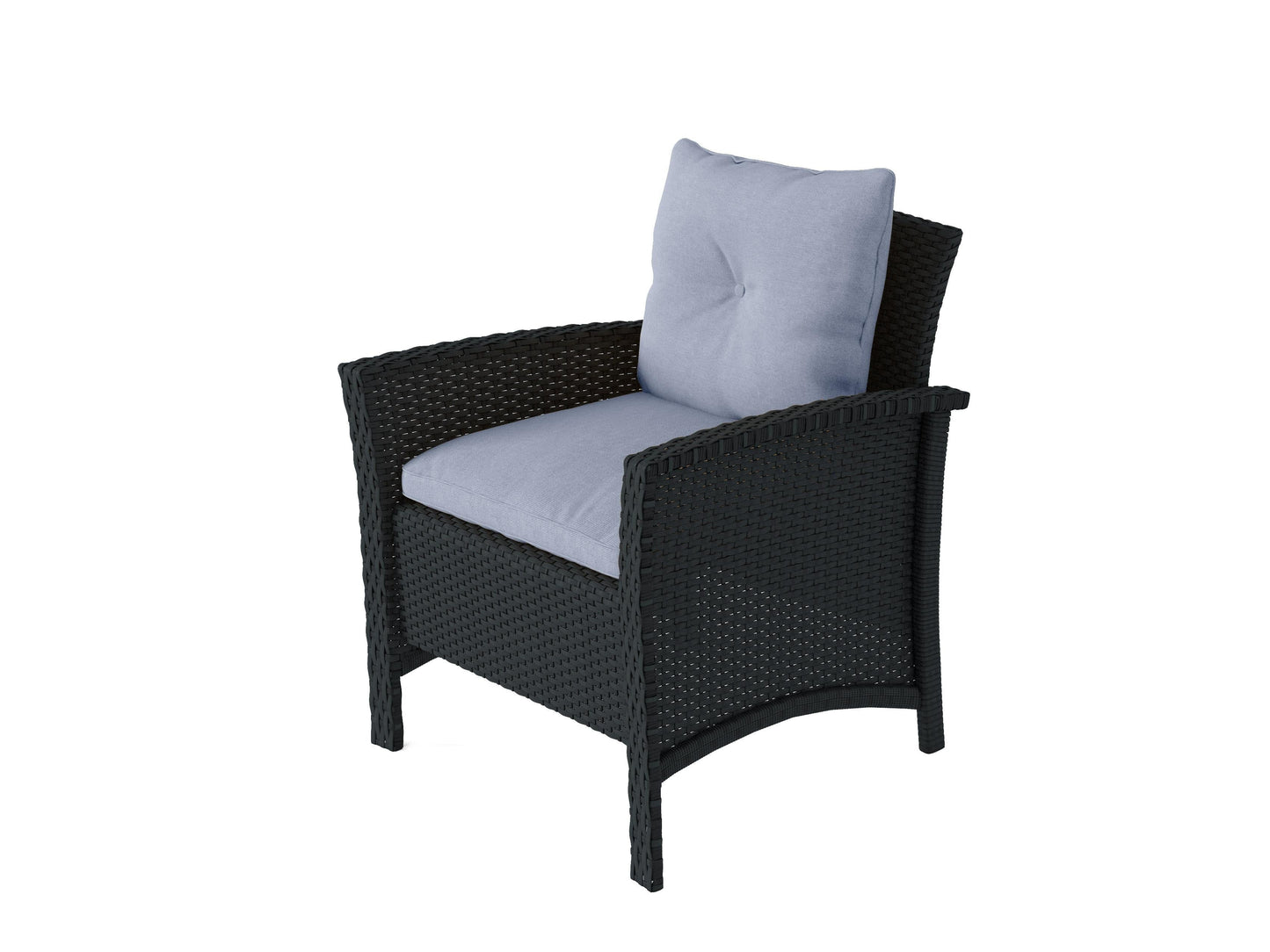 Black and light blue wicker patio conversation set, 4 pieces, includes a sofa, two chairs, and a coffee table with tempered glass top, featuring durable wicker material and weather-resistant cushions.