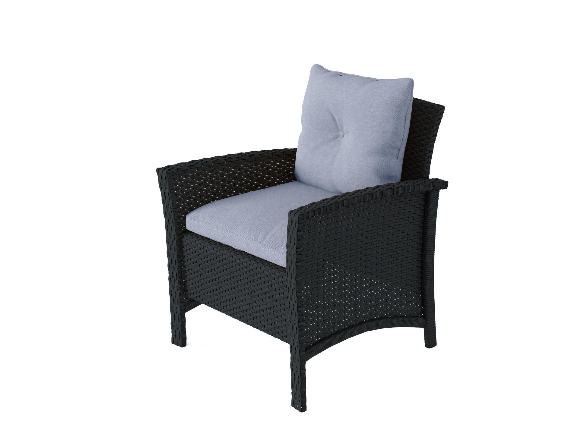 Black and light blue wicker patio conversation set, 4 pieces, includes a sofa, two chairs, and a coffee table with tempered glass top, featuring durable wicker material and weather-resistant cushions.