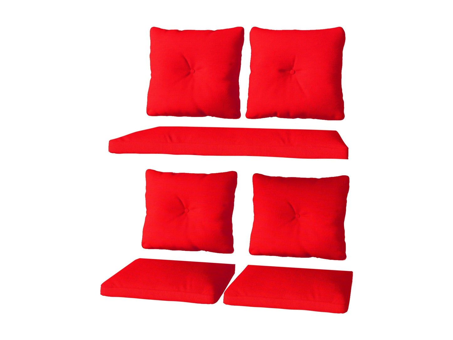 Red patio replacement cushion set with seven pieces, featuring durable fabric and plush padding for outdoor furniture. Ideal for revitalizing patio seating with vibrant color and comfort.