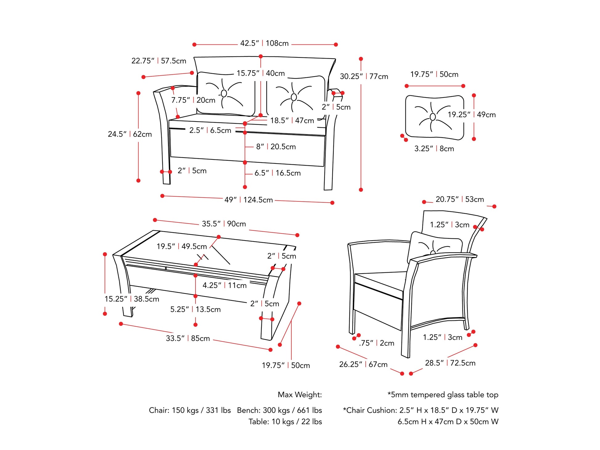 Black and grey wicker patio set, 4-piece, featuring a loveseat, two armchairs, and a glass-top coffee table, with weather-resistant cushions and a modern design suitable for outdoor spaces.