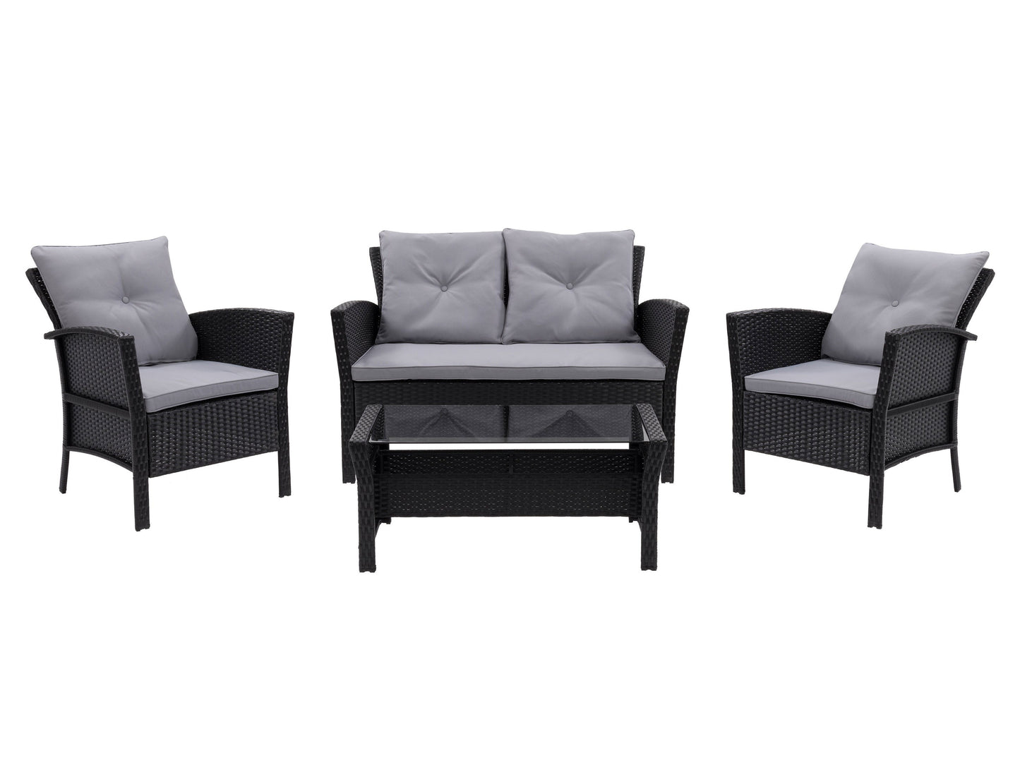Black and grey wicker patio set, 4-piece, featuring a loveseat, two armchairs, and a glass-top coffee table, with weather-resistant cushions and a modern design suitable for outdoor spaces.