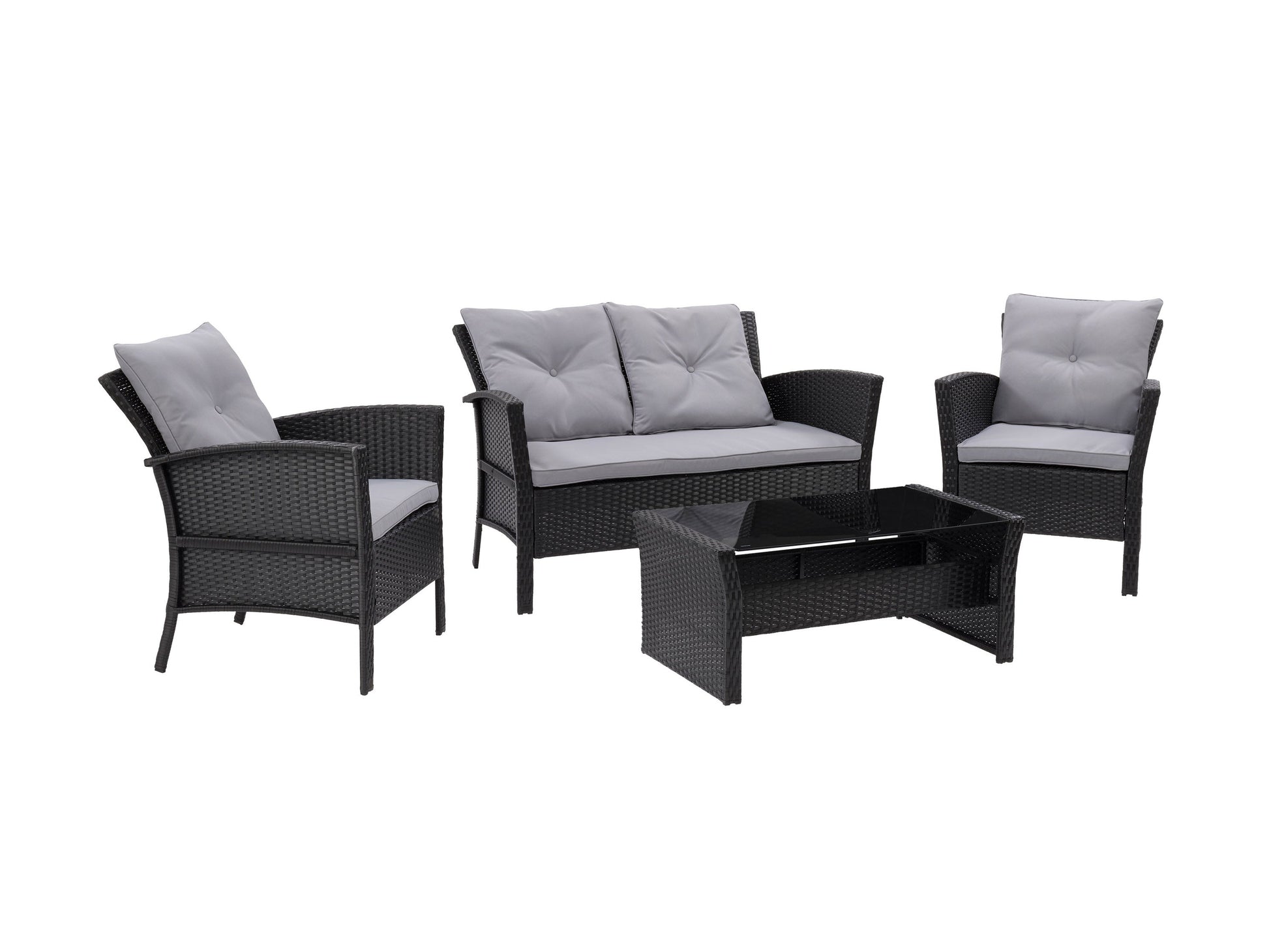 Black and grey wicker patio set, 4-piece, featuring a loveseat, two armchairs, and a glass-top coffee table, with weather-resistant cushions and a modern design suitable for outdoor spaces.