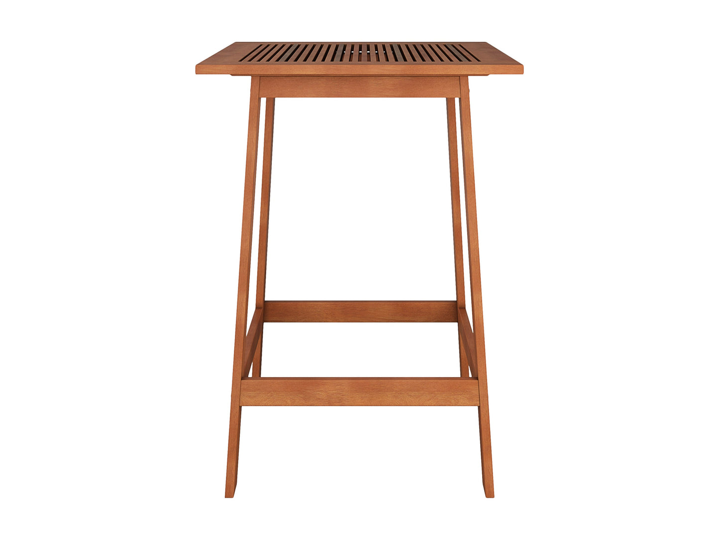 Brown outdoor pub table with a sturdy metal frame, wooden slatted tabletop, and weather-resistant finish, perfect for patios and outdoor dining areas.