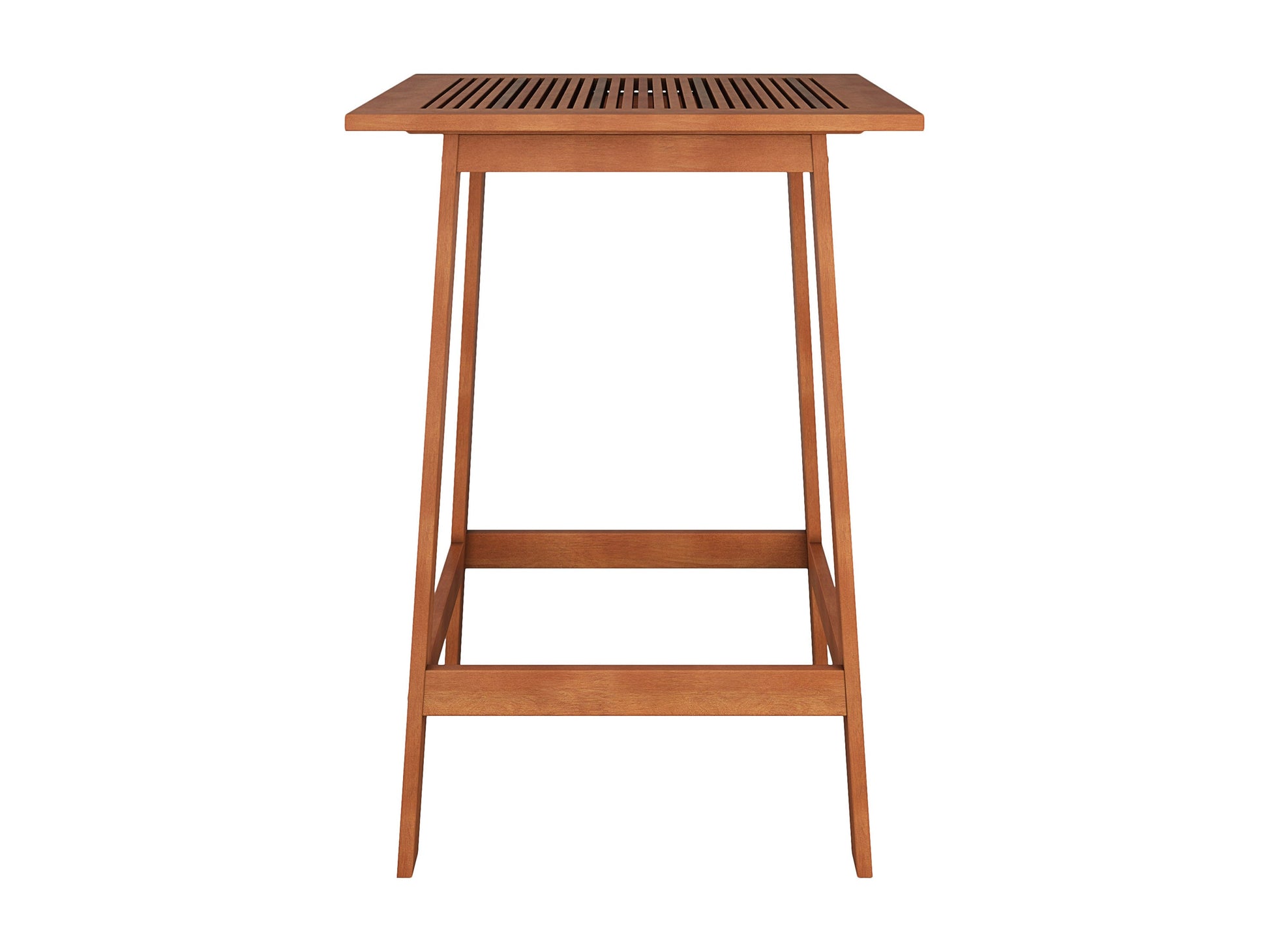 Brown outdoor pub table with a sturdy metal frame, wooden slatted tabletop, and weather-resistant finish, perfect for patios and outdoor dining areas.