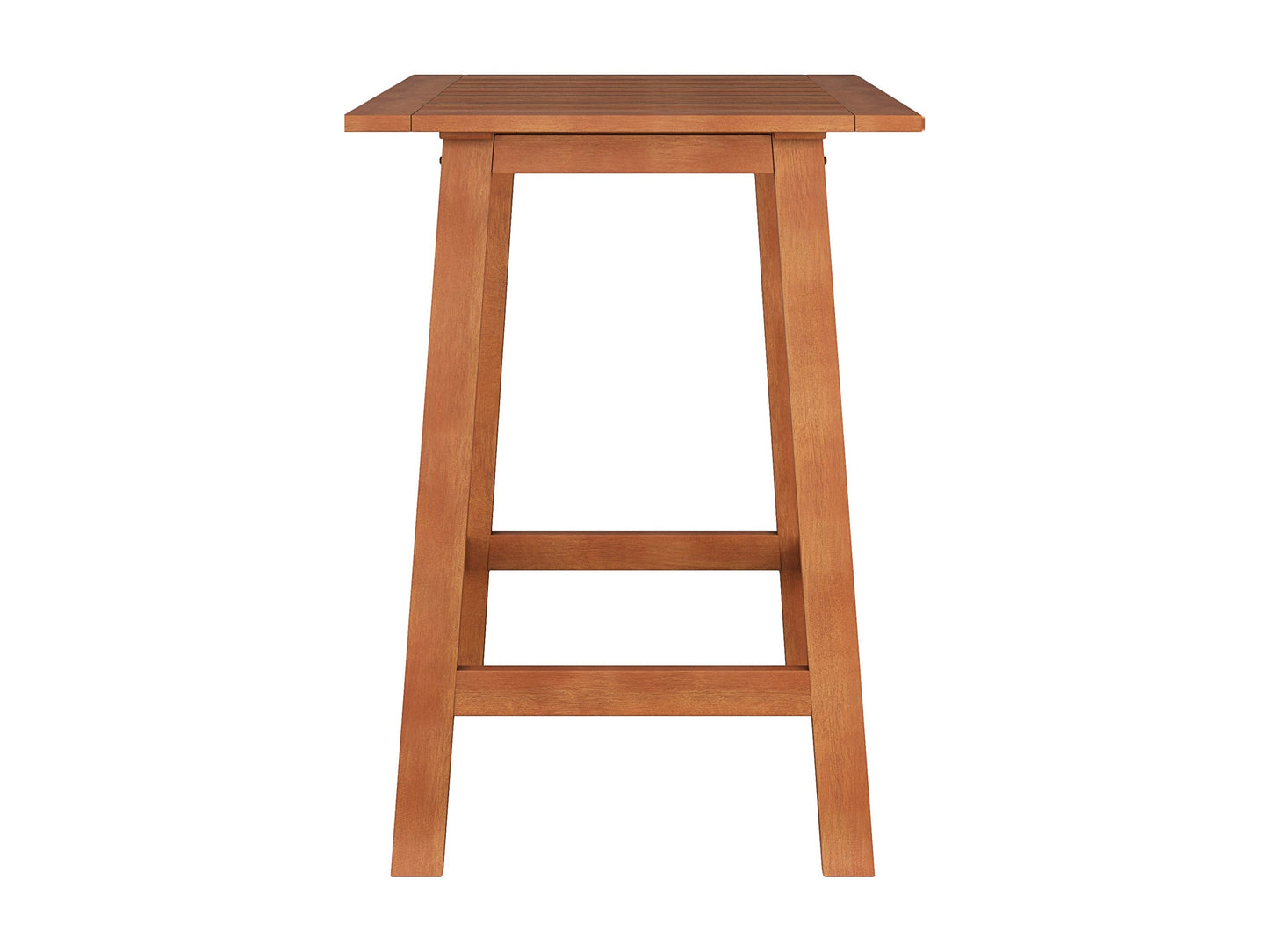 Brown outdoor pub table with a sturdy metal frame, wooden slatted tabletop, and weather-resistant finish, perfect for patios and outdoor dining areas.