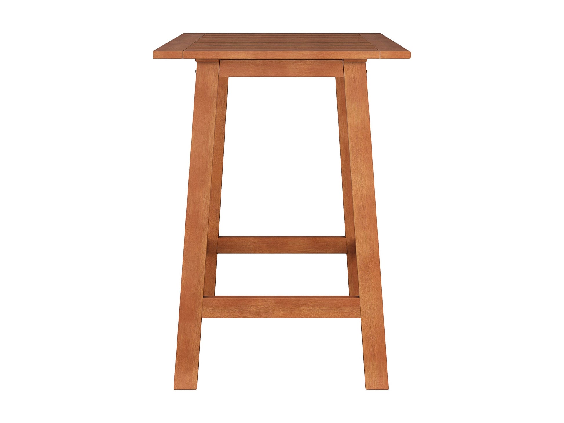 Brown outdoor pub table with a sturdy metal frame, wooden slatted tabletop, and weather-resistant finish, perfect for patios and outdoor dining areas.