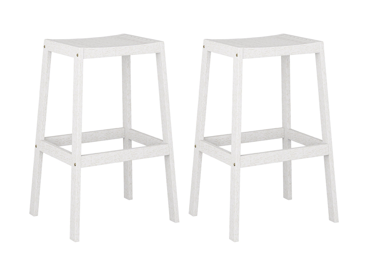 Set of 2 natural wood patio bar stools in washed white finish with slatted backrests and contoured seats for outdoor use.