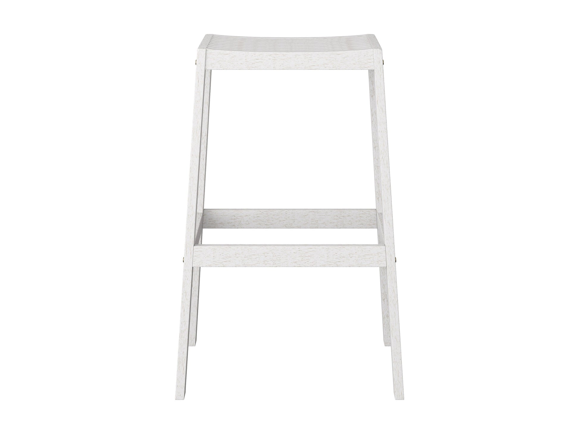 Set of 2 natural wood patio bar stools in washed white finish with slatted backrests and contoured seats for outdoor use.