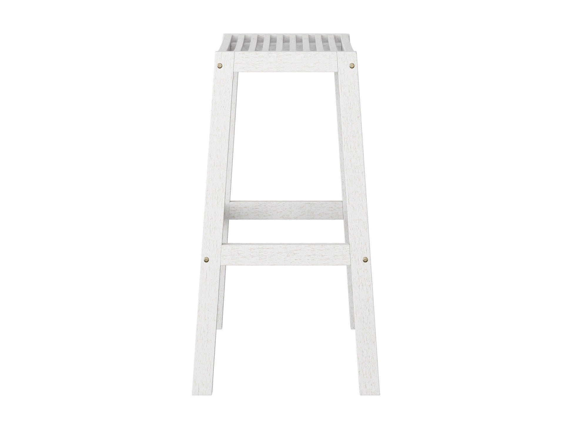Set of 2 natural wood patio bar stools in washed white finish with slatted backrests and contoured seats for outdoor use.
