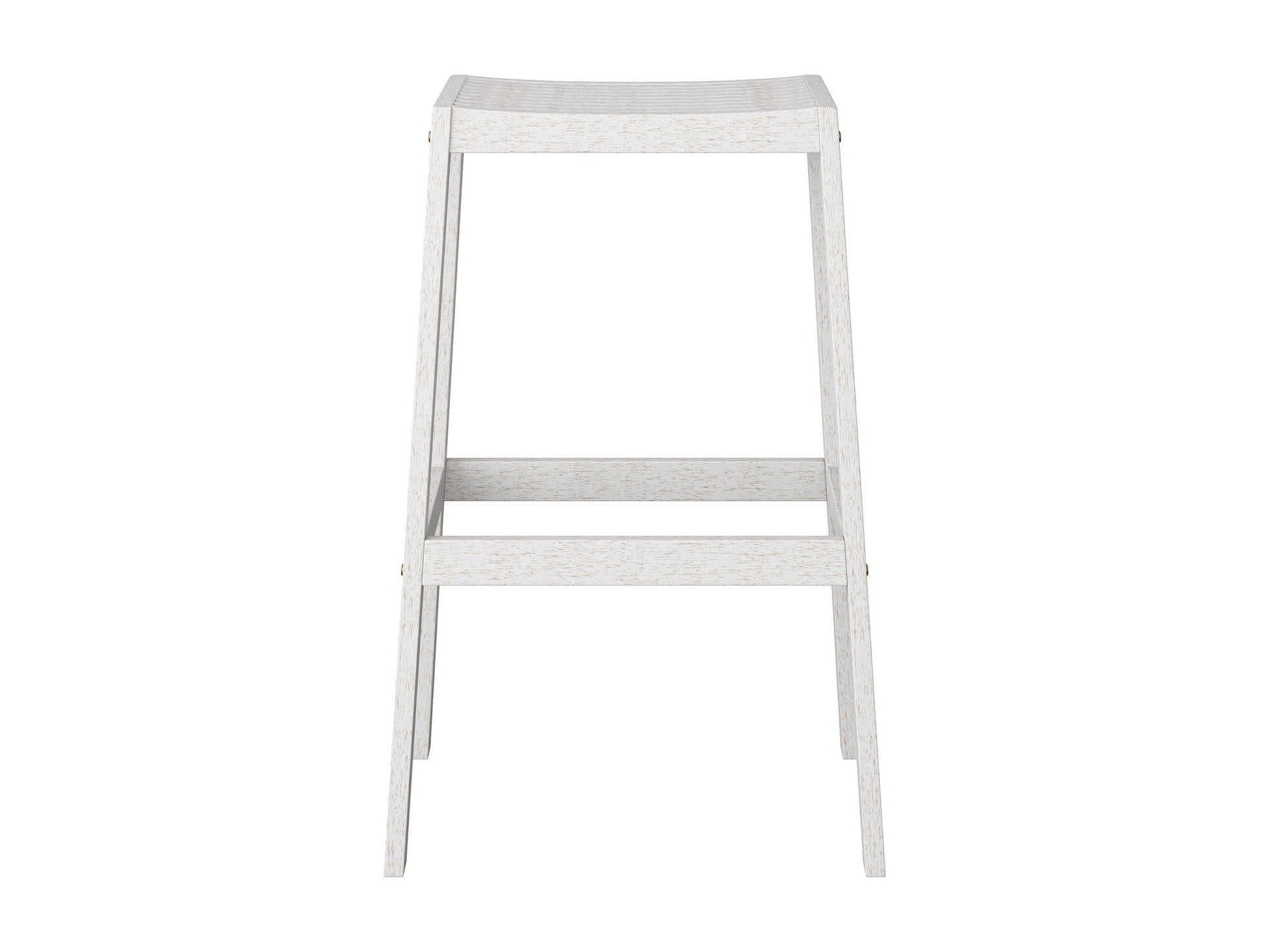 Set of 2 natural wood patio bar stools in washed white finish with slatted backrests and contoured seats for outdoor use.