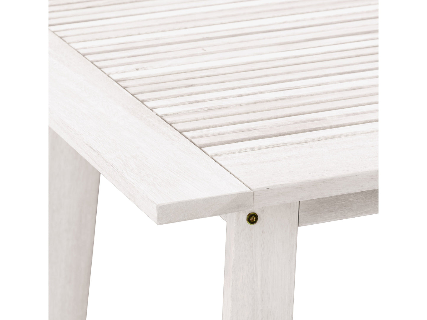 Washed white outdoor pub table with a slatted top and sturdy legs, crafted from weather-resistant wood, perfect for patio or garden use.