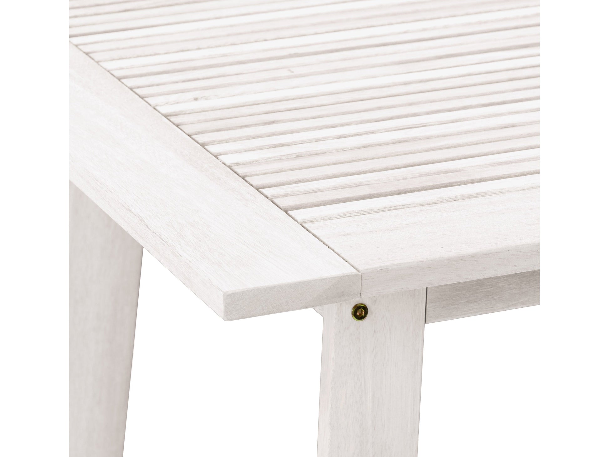 Washed white outdoor pub table with a slatted top and sturdy legs, crafted from weather-resistant wood, perfect for patio or garden use.