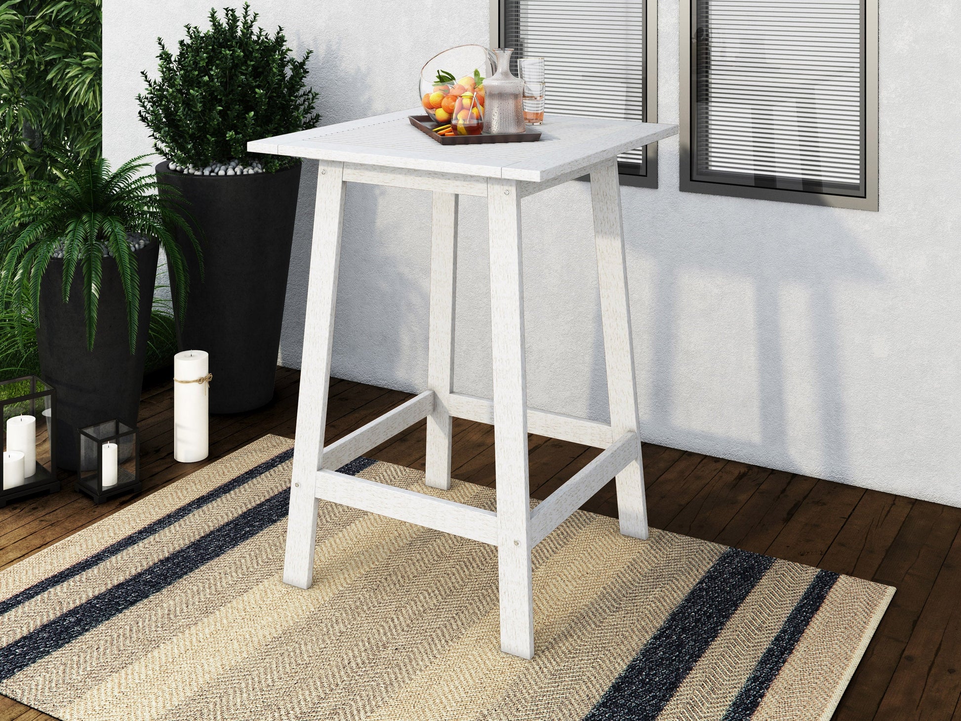 Washed white outdoor pub table with a slatted top and sturdy legs, crafted from weather-resistant wood, perfect for patio or garden use.