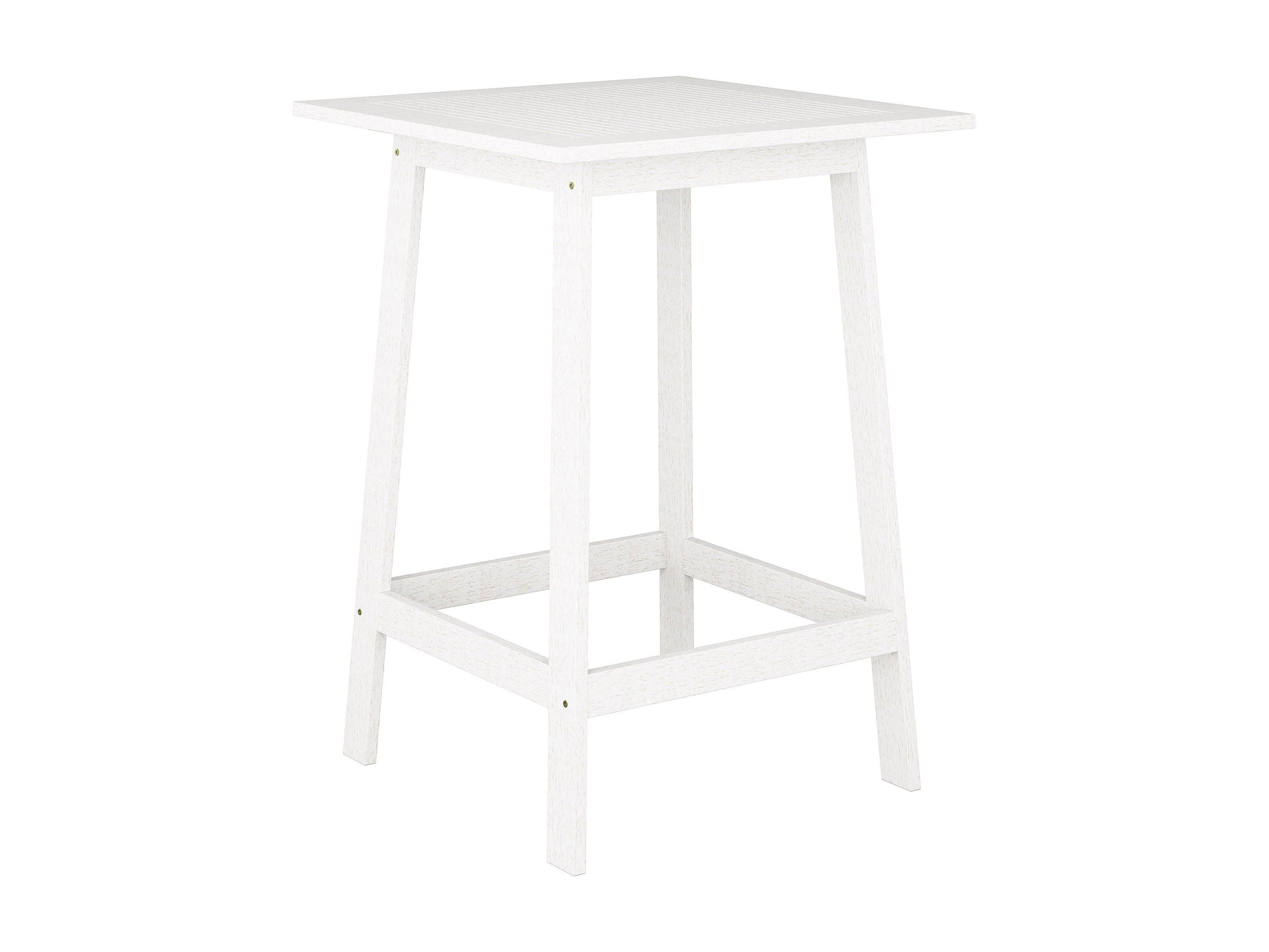 Washed white outdoor pub table with a slatted top and sturdy legs, crafted from weather-resistant wood, perfect for patio or garden use.