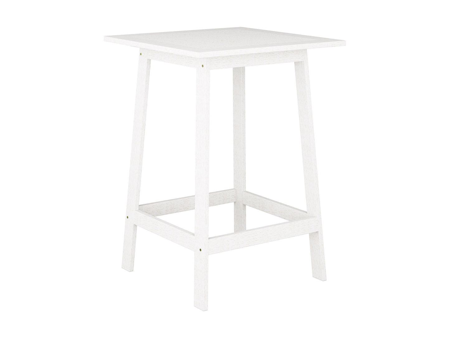 Washed white outdoor pub table with a slatted top and sturdy legs, crafted from weather-resistant wood, perfect for patio or garden use.
