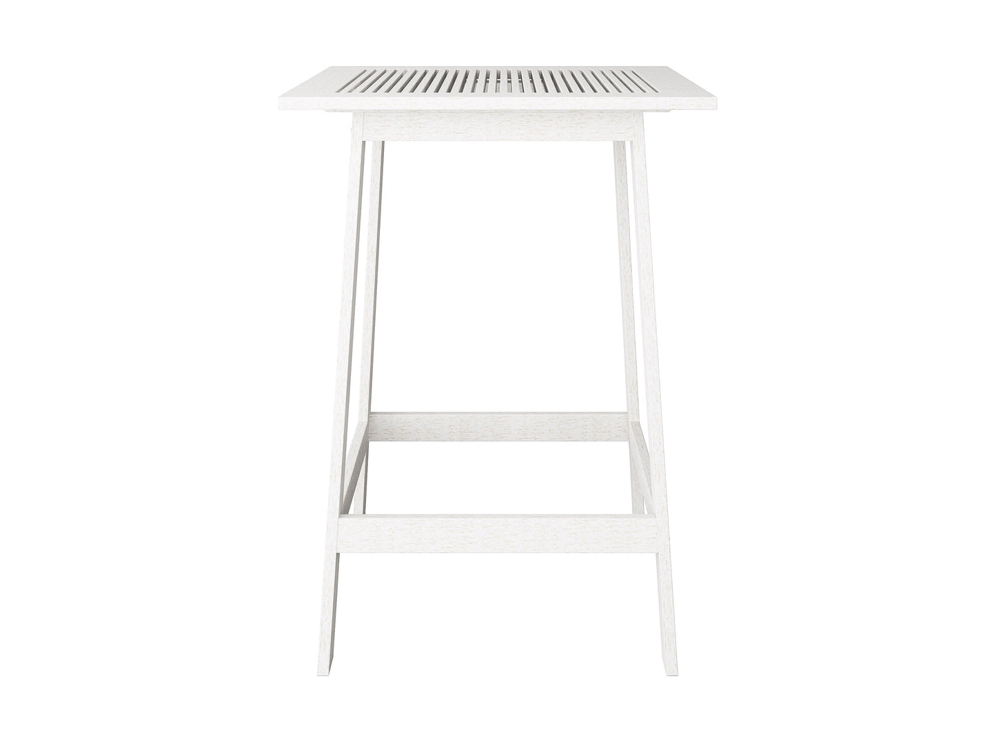 Washed white outdoor pub table with a slatted top and sturdy legs, crafted from weather-resistant wood, perfect for patio or garden use.