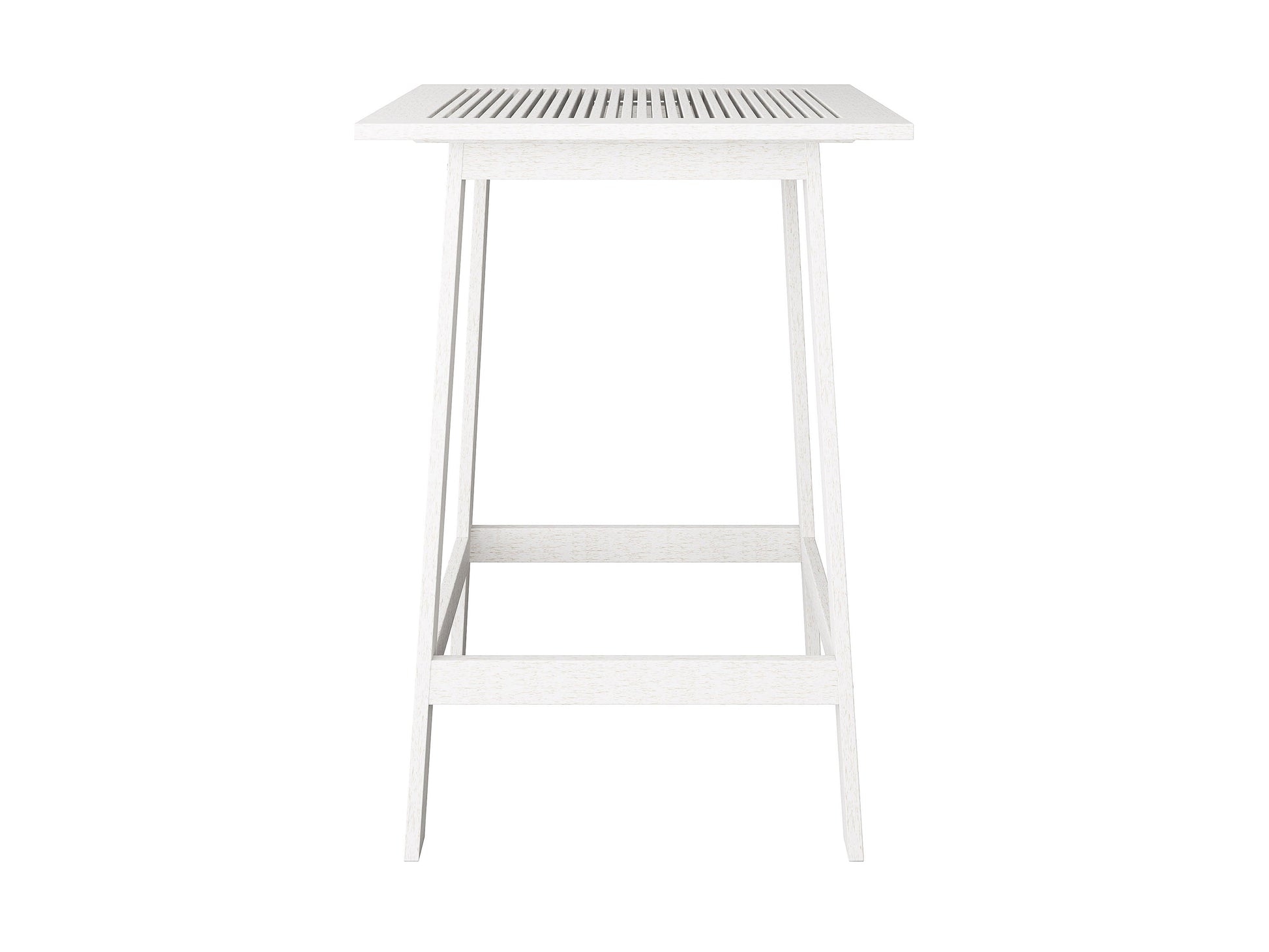 Washed white outdoor pub table with a slatted top and sturdy legs, crafted from weather-resistant wood, perfect for patio or garden use.