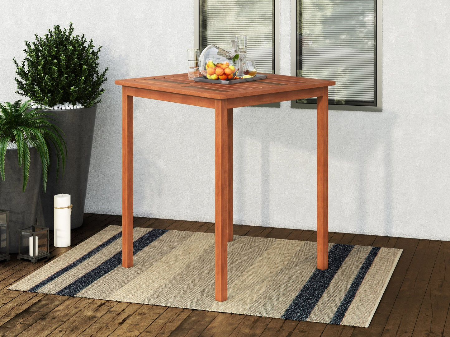 Brown outdoor bar height patio table with a sleek metal frame, weather-resistant wood slats, and a sturdy base. Ideal for alfresco dining and entertaining in gardens, patios, or balconies.