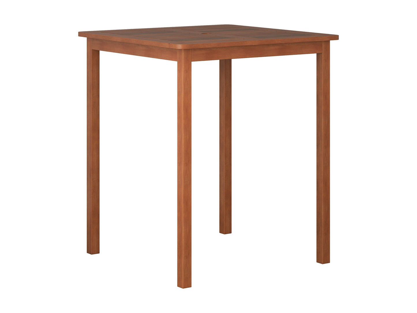 Brown outdoor bar height patio table with a sleek metal frame, weather-resistant wood slats, and a sturdy base. Ideal for alfresco dining and entertaining in gardens, patios, or balconies.