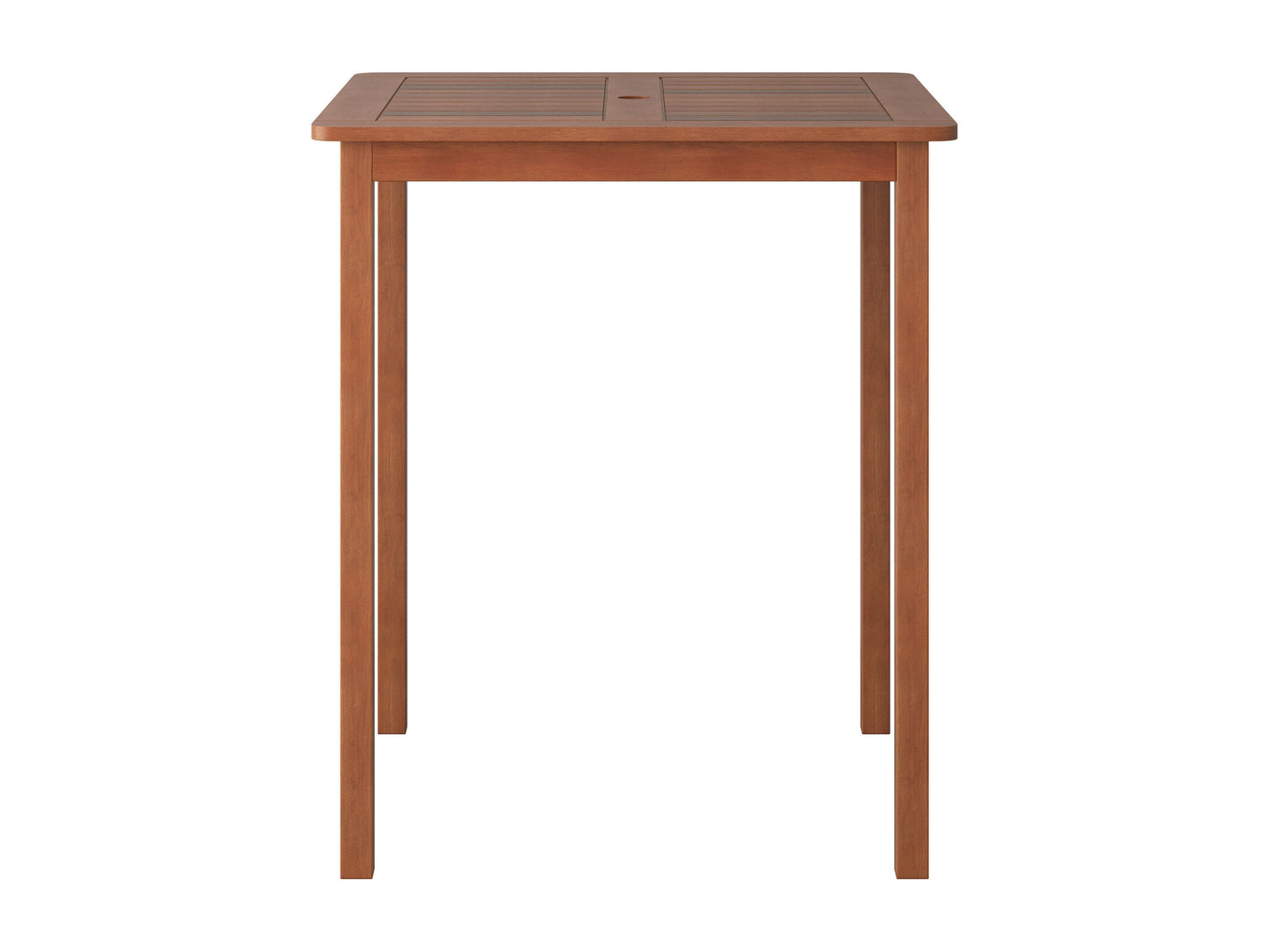 Brown outdoor bar height patio table with a sleek metal frame, weather-resistant wood slats, and a sturdy base. Ideal for alfresco dining and entertaining in gardens, patios, or balconies.