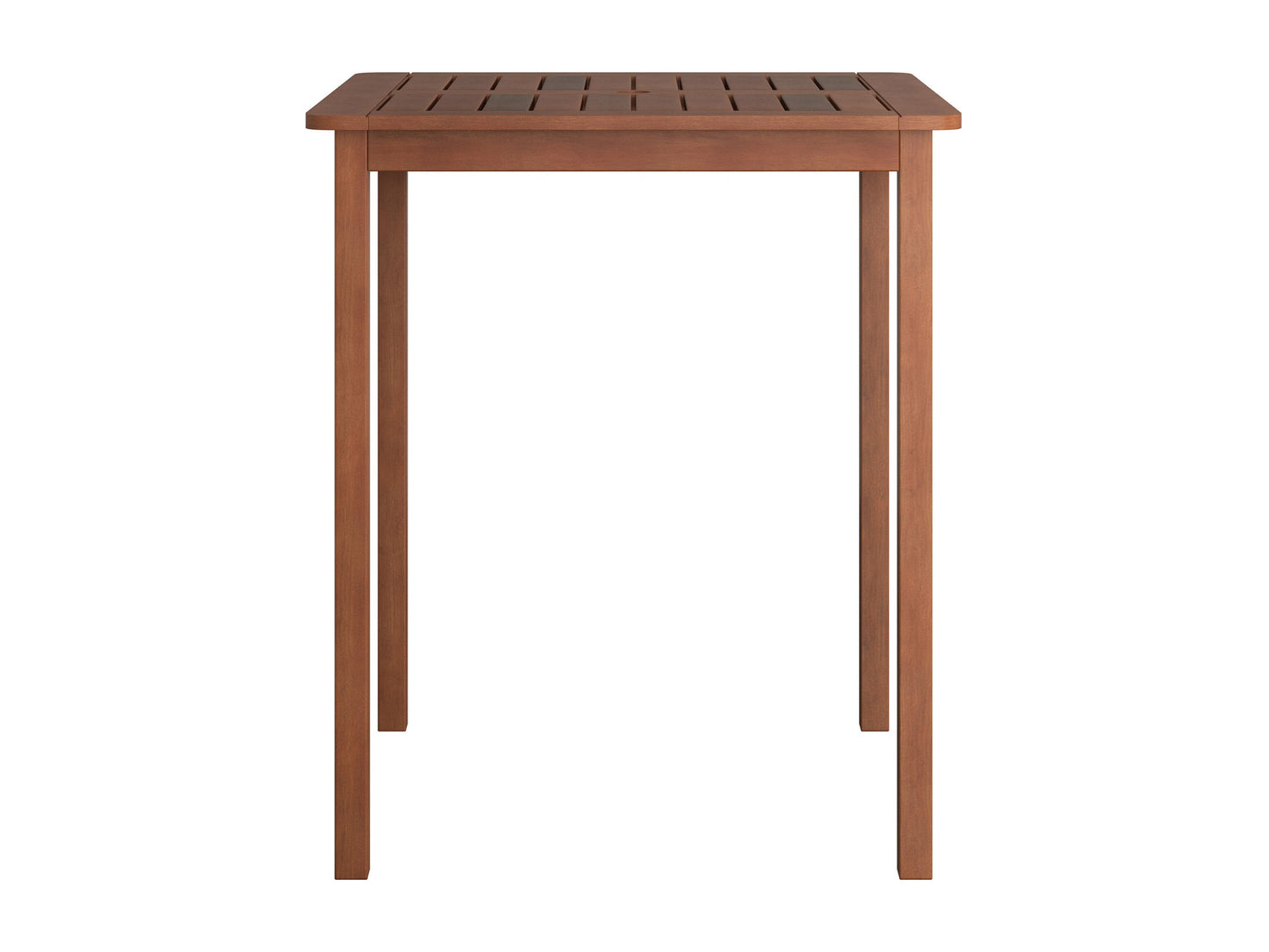 Brown outdoor bar height patio table with a sleek metal frame, weather-resistant wood slats, and a sturdy base. Ideal for alfresco dining and entertaining in gardens, patios, or balconies.