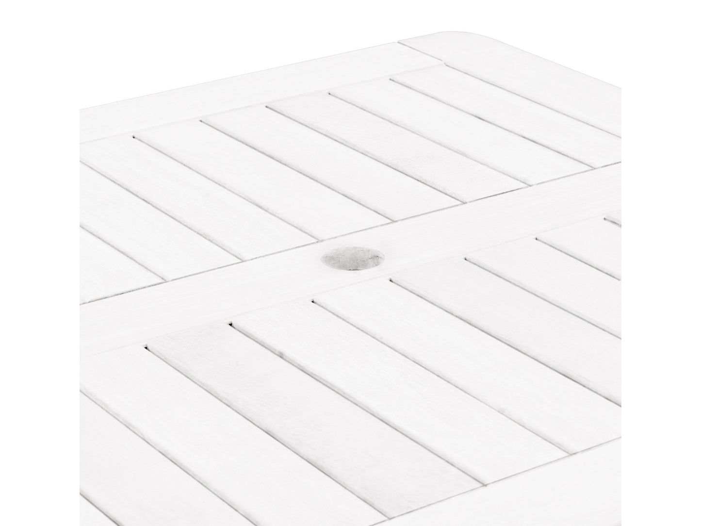 Patio bar height table in washed white finish, featuring a sturdy wooden frame with slatted top and weather-resistant materials, perfect for outdoor dining and entertaining.