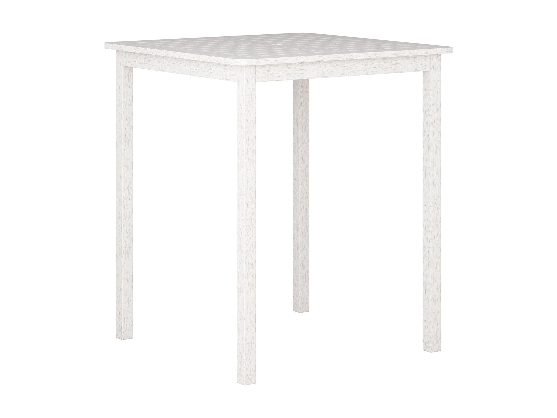 Patio bar height table in washed white finish, featuring a sturdy wooden frame with slatted top and weather-resistant materials, perfect for outdoor dining and entertaining.