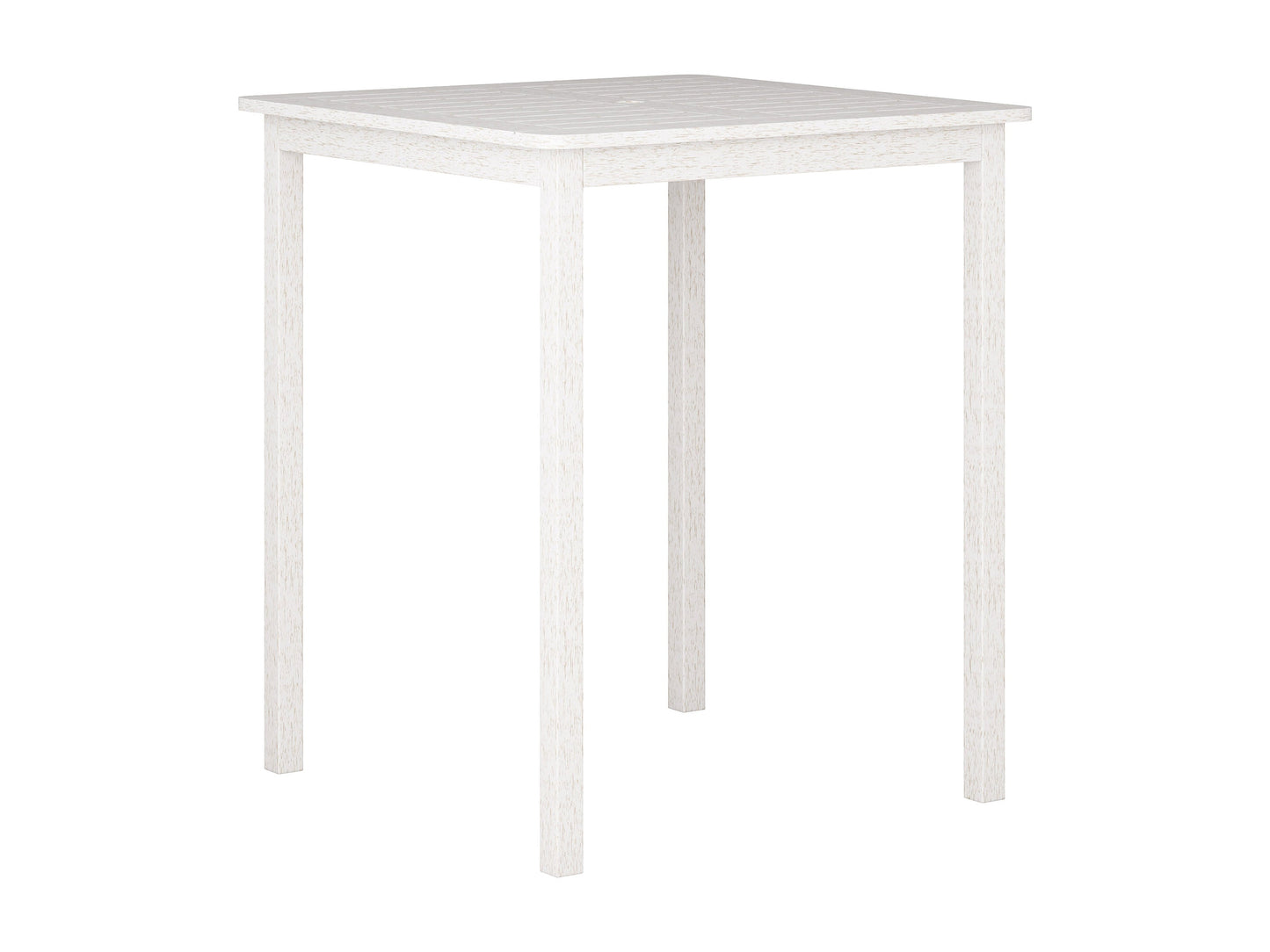 Patio bar height table in washed white finish, featuring a sturdy wooden frame with slatted top and weather-resistant materials, perfect for outdoor dining and entertaining.