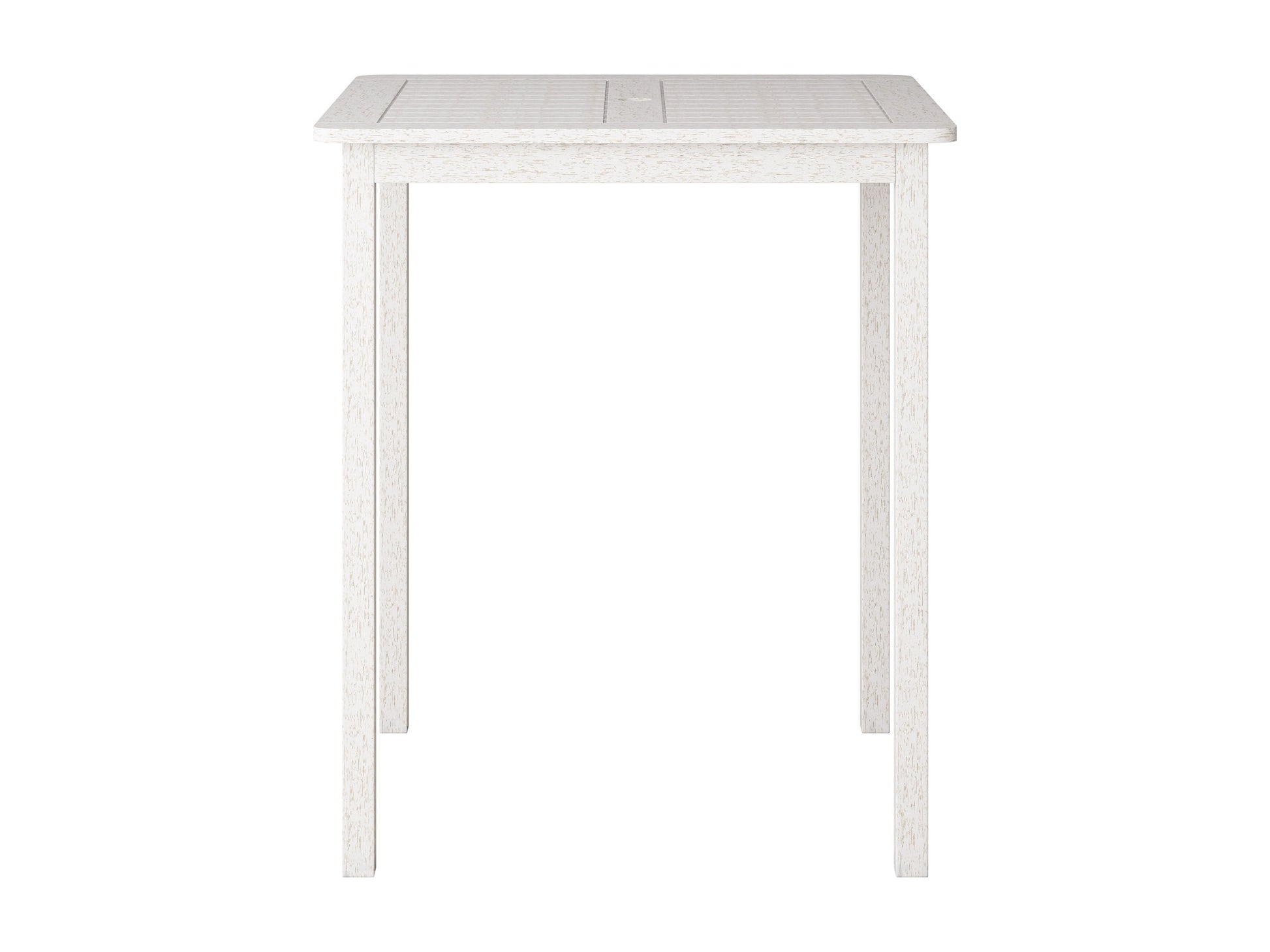 Patio bar height table in washed white finish, featuring a sturdy wooden frame with slatted top and weather-resistant materials, perfect for outdoor dining and entertaining.