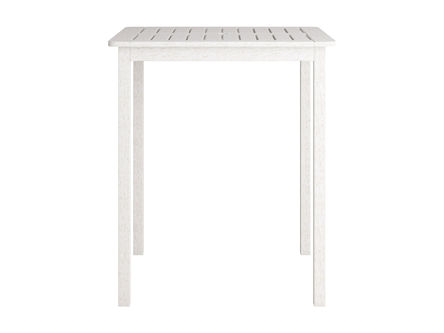 Patio bar height table in washed white finish, featuring a sturdy wooden frame with slatted top and weather-resistant materials, perfect for outdoor dining and entertaining.