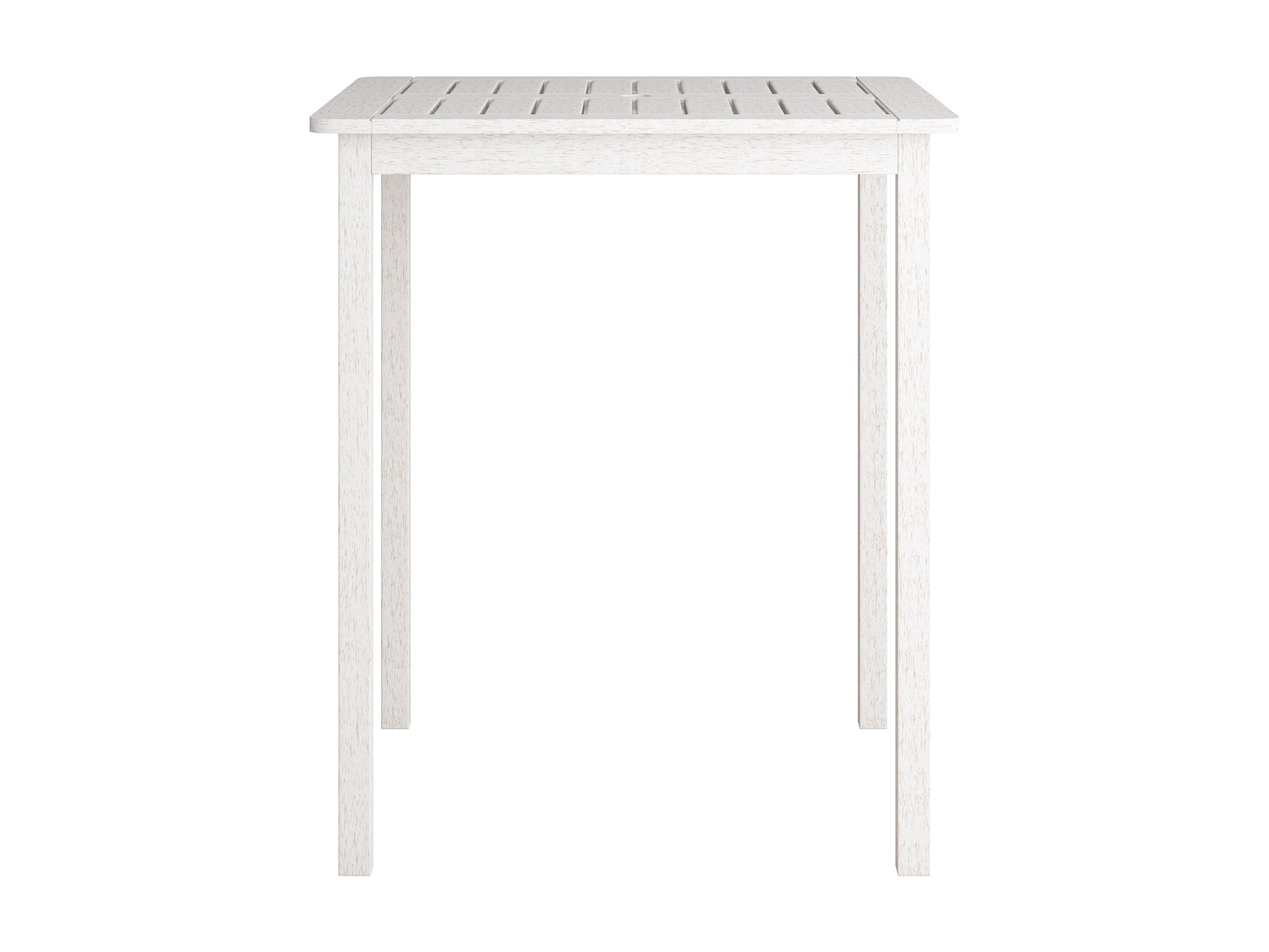 Patio bar height table in washed white finish, featuring a sturdy wooden frame with slatted top and weather-resistant materials, perfect for outdoor dining and entertaining.