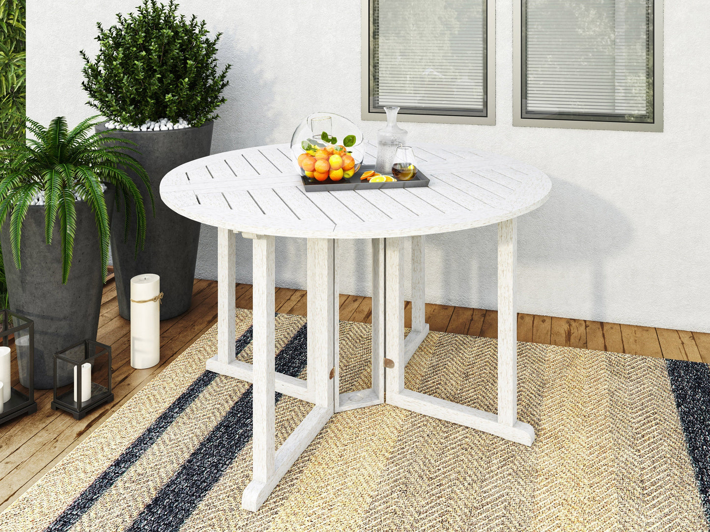 Washed white outdoor drop leaf patio table with foldable sides, crafted from durable wood, featuring a weather-resistant finish and a compact design perfect for small spaces or balconies.