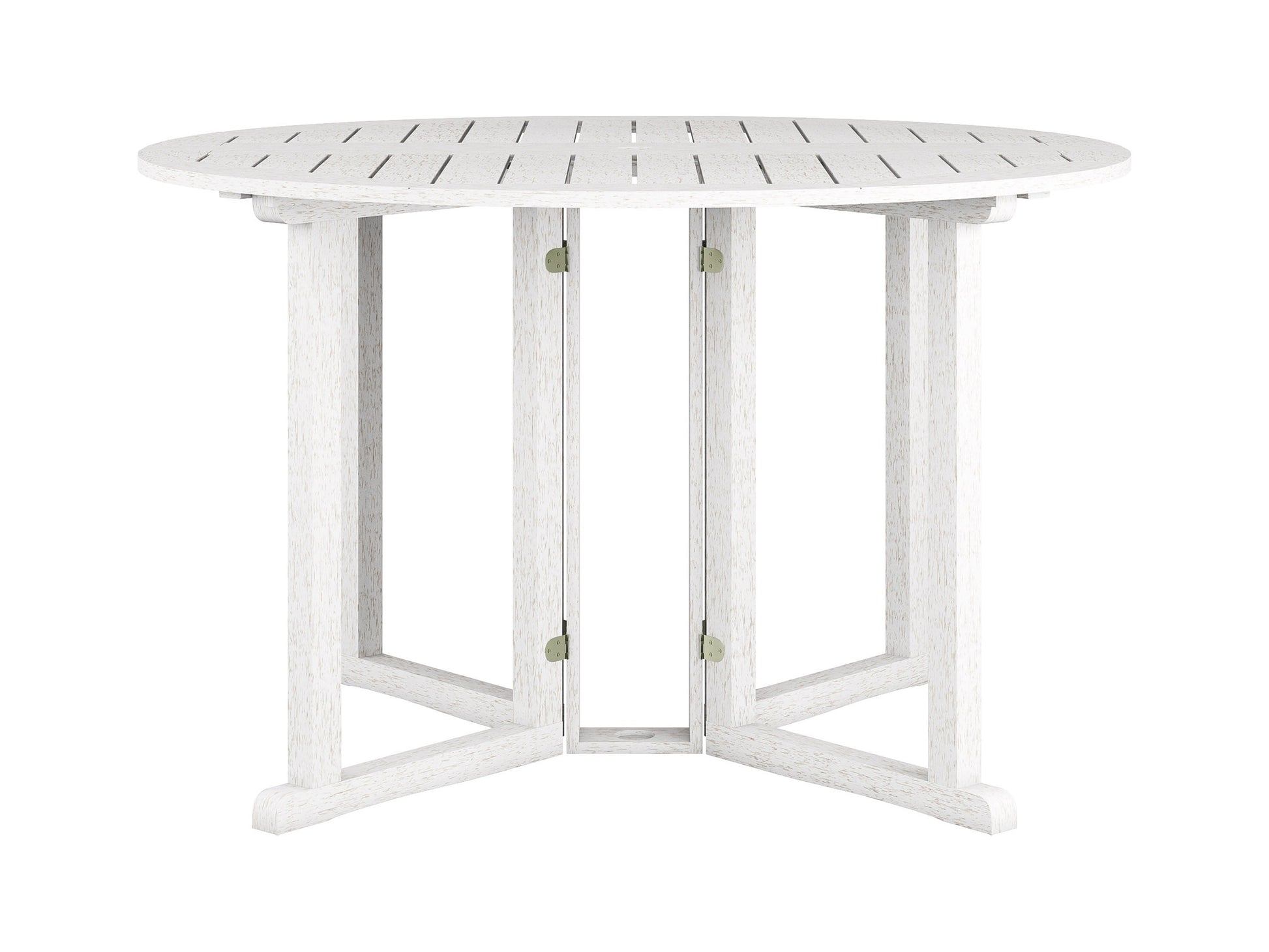 Washed white outdoor drop leaf patio table with foldable sides, crafted from durable wood, featuring a weather-resistant finish and a compact design perfect for small spaces or balconies.