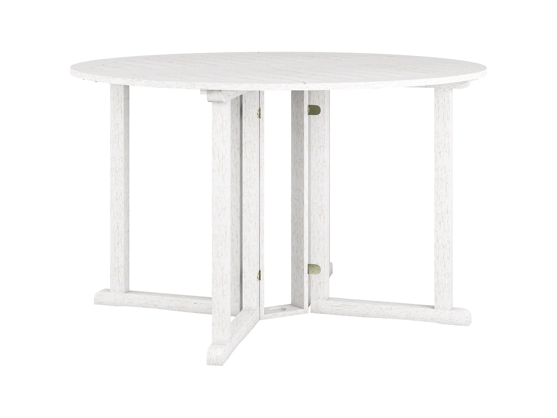 Washed white outdoor drop leaf patio table with foldable sides, crafted from durable wood, featuring a weather-resistant finish and a compact design perfect for small spaces or balconies.
