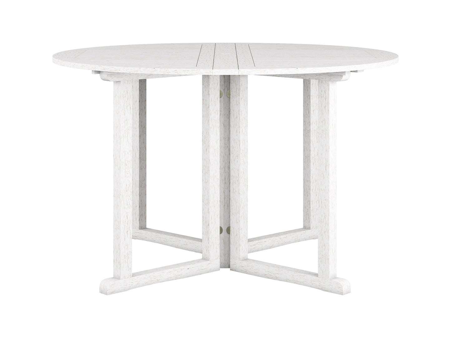Washed white outdoor drop leaf patio table with foldable sides, crafted from durable wood, featuring a weather-resistant finish and a compact design perfect for small spaces or balconies.
