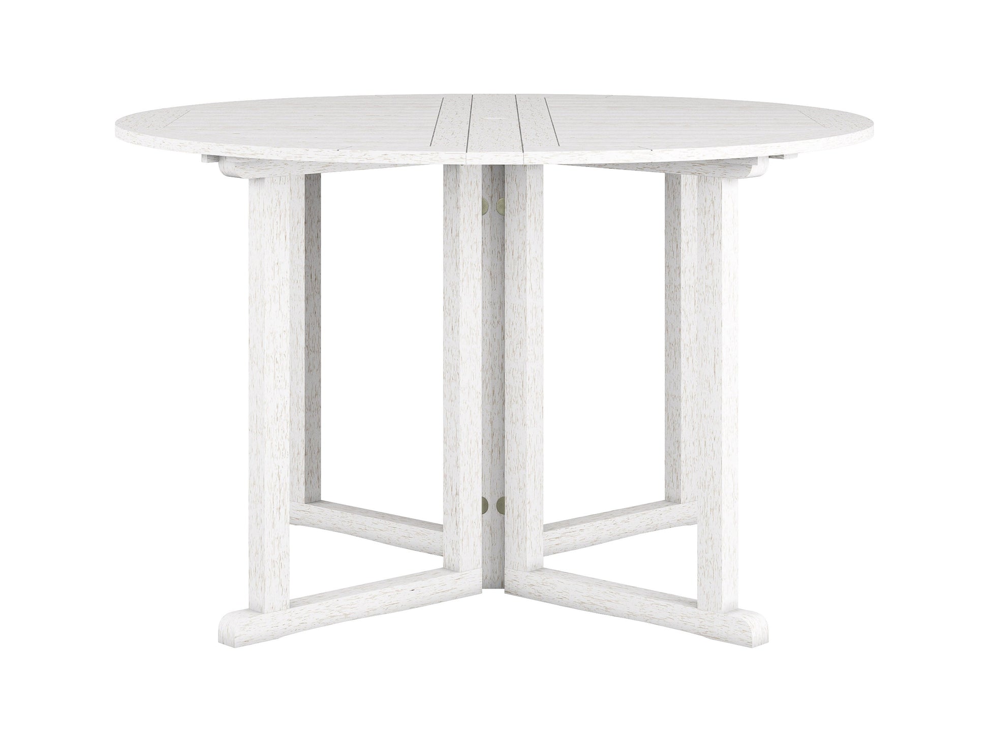 Washed white outdoor drop leaf patio table with foldable sides, crafted from durable wood, featuring a weather-resistant finish and a compact design perfect for small spaces or balconies.