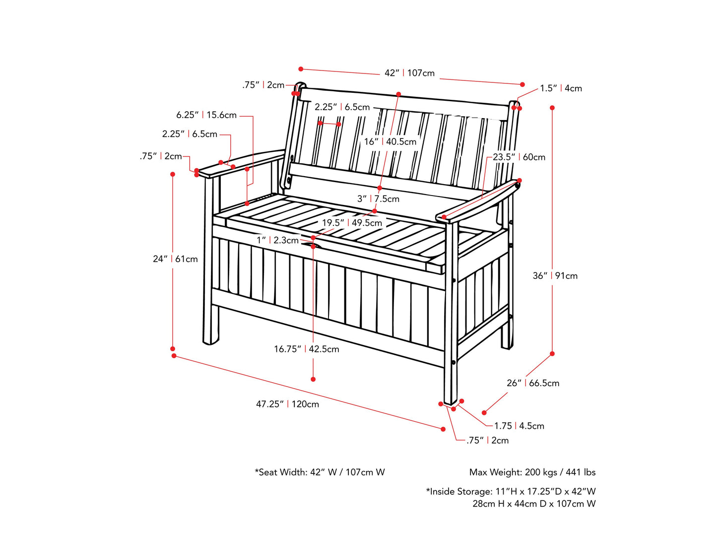 Brown wooden patio storage bench with slatted backrest, armrests, and spacious storage compartment beneath the seat. Perfect for outdoor seating and storage solutions.