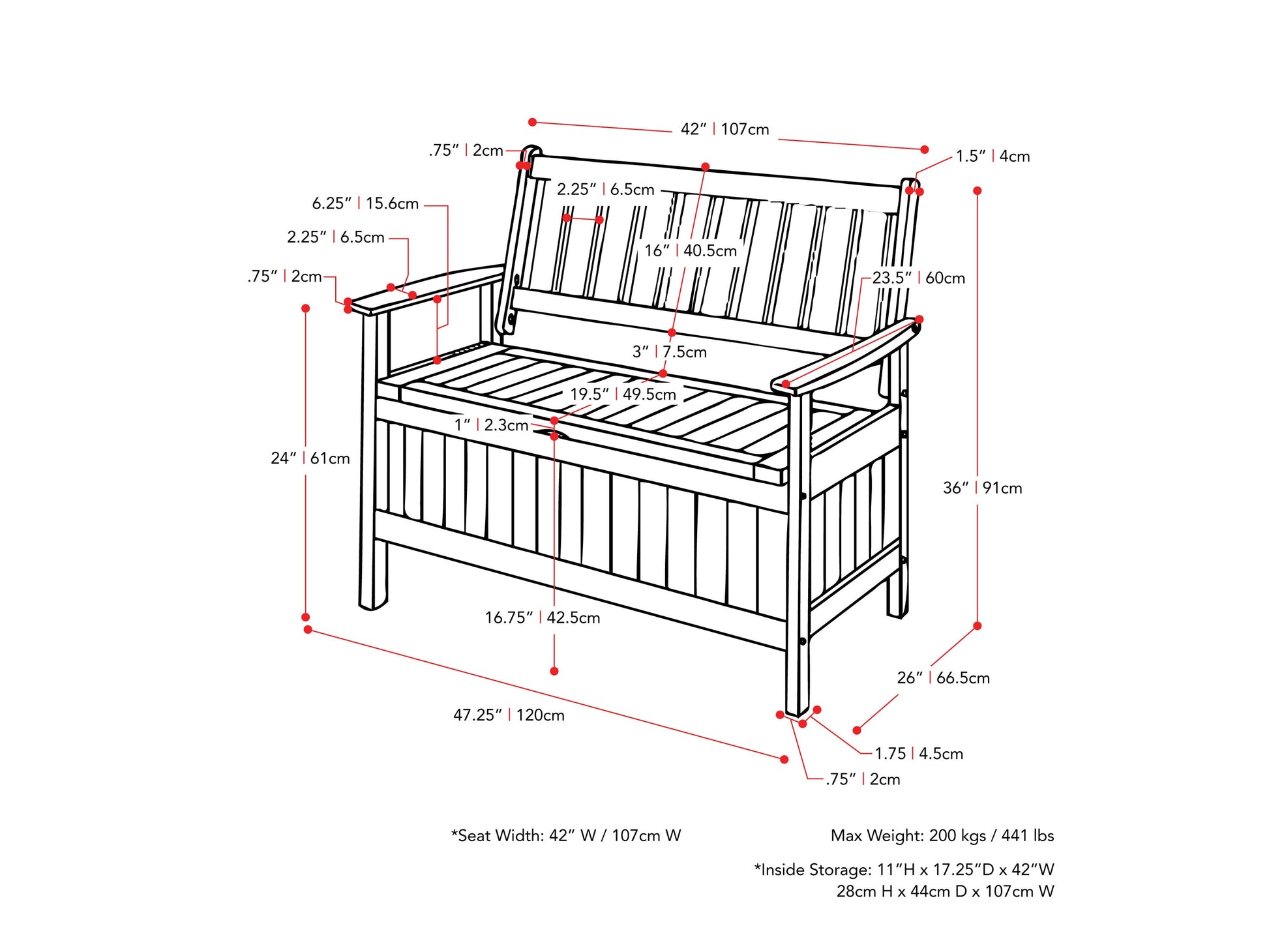 Brown wooden patio storage bench with slatted backrest, armrests, and spacious storage compartment beneath the seat. Perfect for outdoor seating and storage solutions.