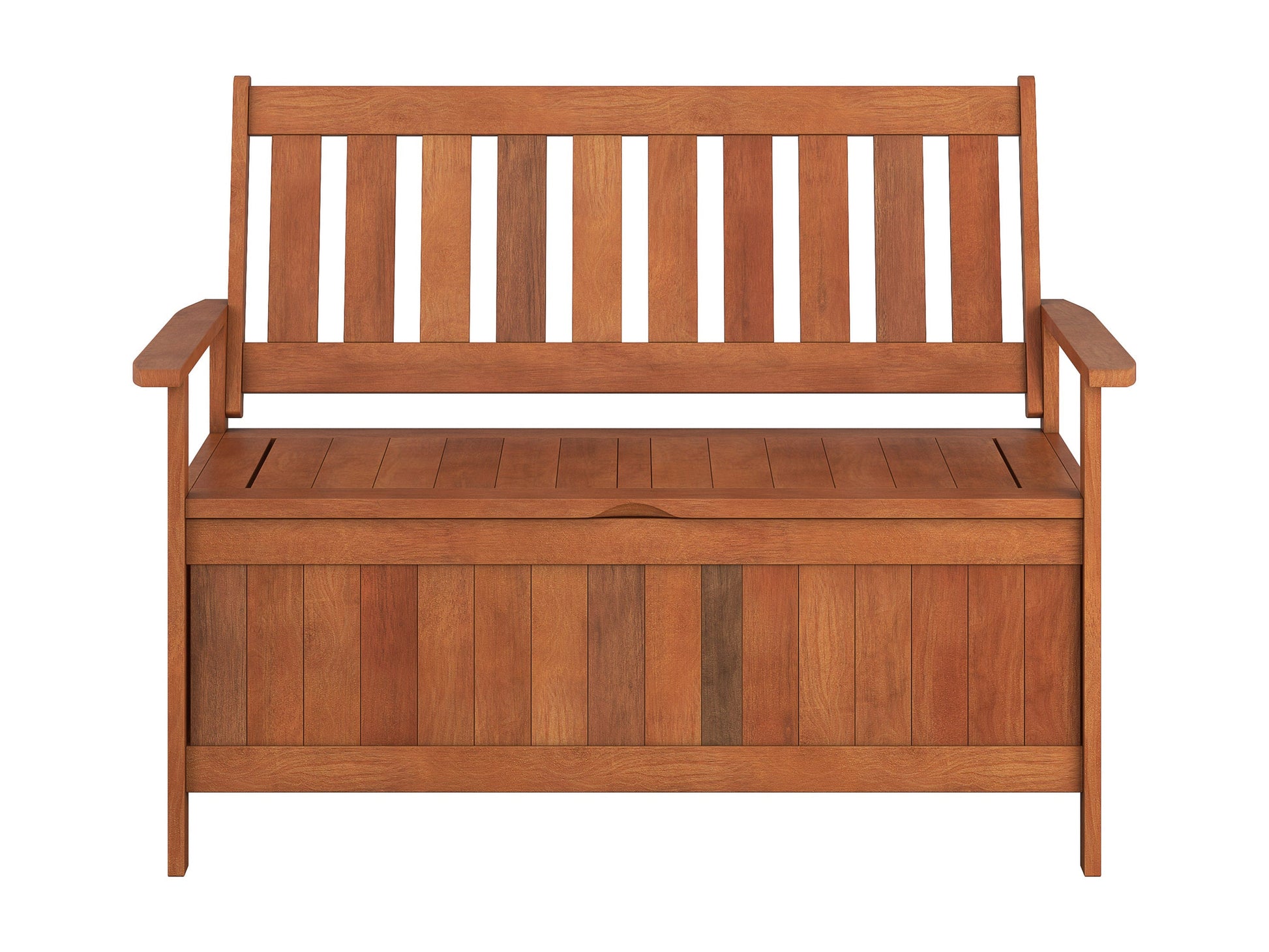 Brown wooden patio storage bench with slatted backrest, armrests, and spacious storage compartment beneath the seat. Perfect for outdoor seating and storage solutions.