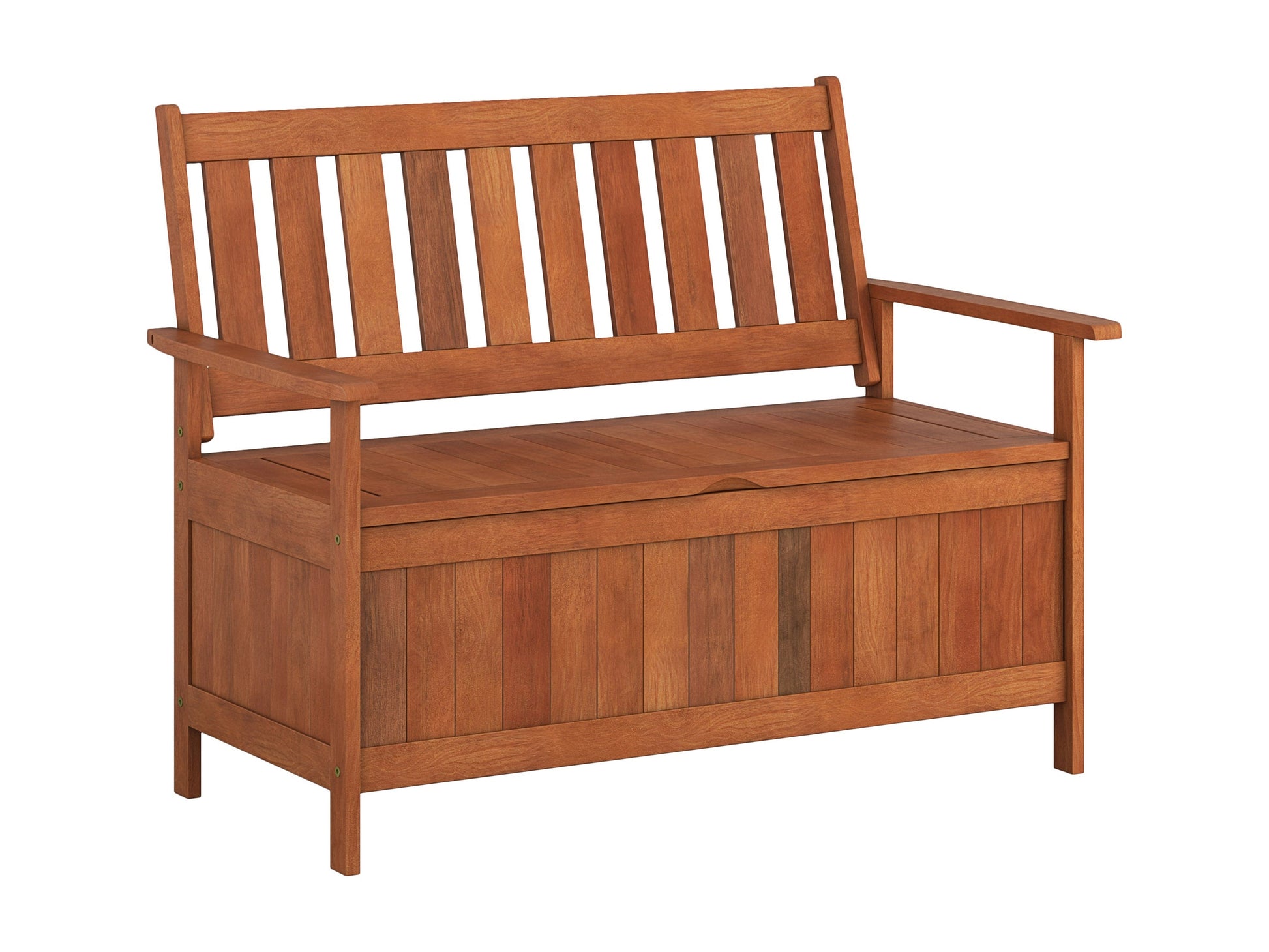 Brown wooden patio storage bench with slatted backrest, armrests, and spacious storage compartment beneath the seat. Perfect for outdoor seating and storage solutions.