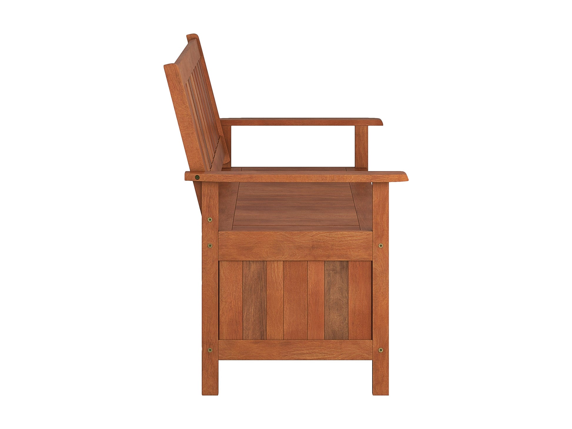 Brown wooden patio storage bench with slatted backrest, armrests, and spacious storage compartment beneath the seat. Perfect for outdoor seating and storage solutions.