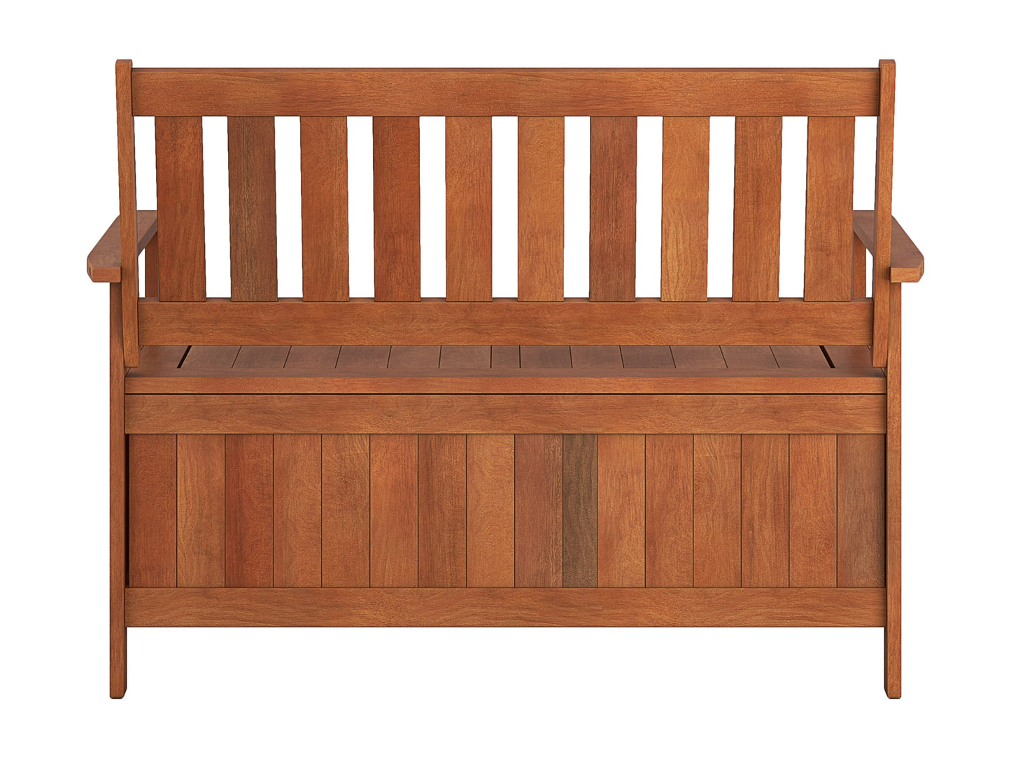 Brown wooden patio storage bench with slatted backrest, armrests, and spacious storage compartment beneath the seat. Perfect for outdoor seating and storage solutions.