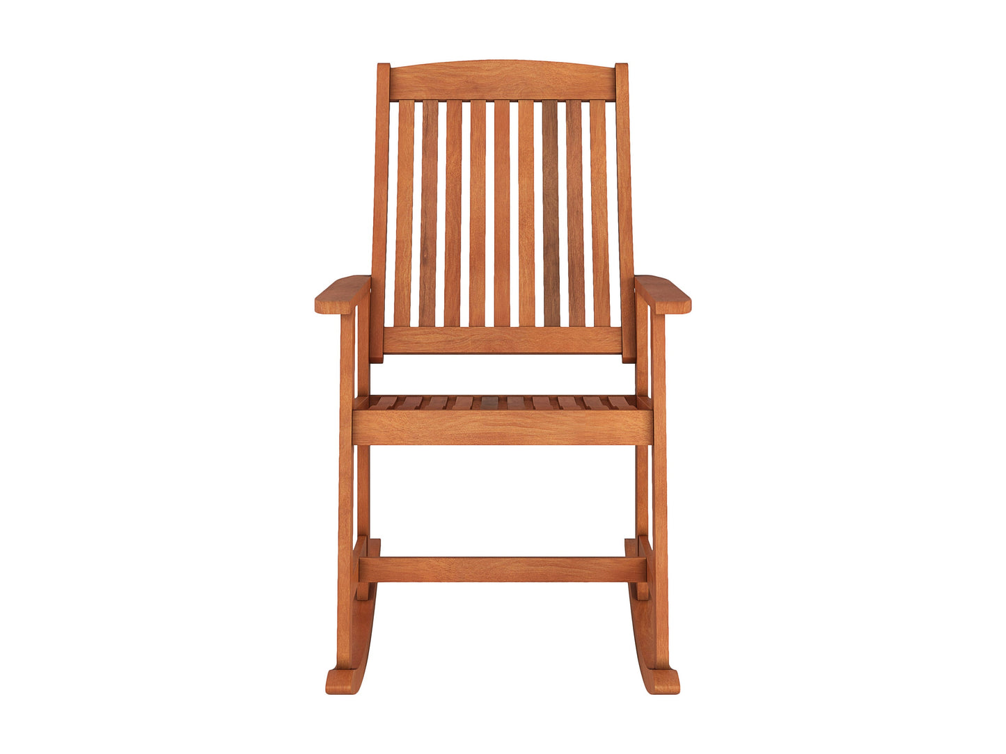 Brown outdoor rocking chair with curved wooden slats, ergonomic armrests, and sturdy frame. Ideal for patios and gardens, providing comfortable seating with a classic rustic design.