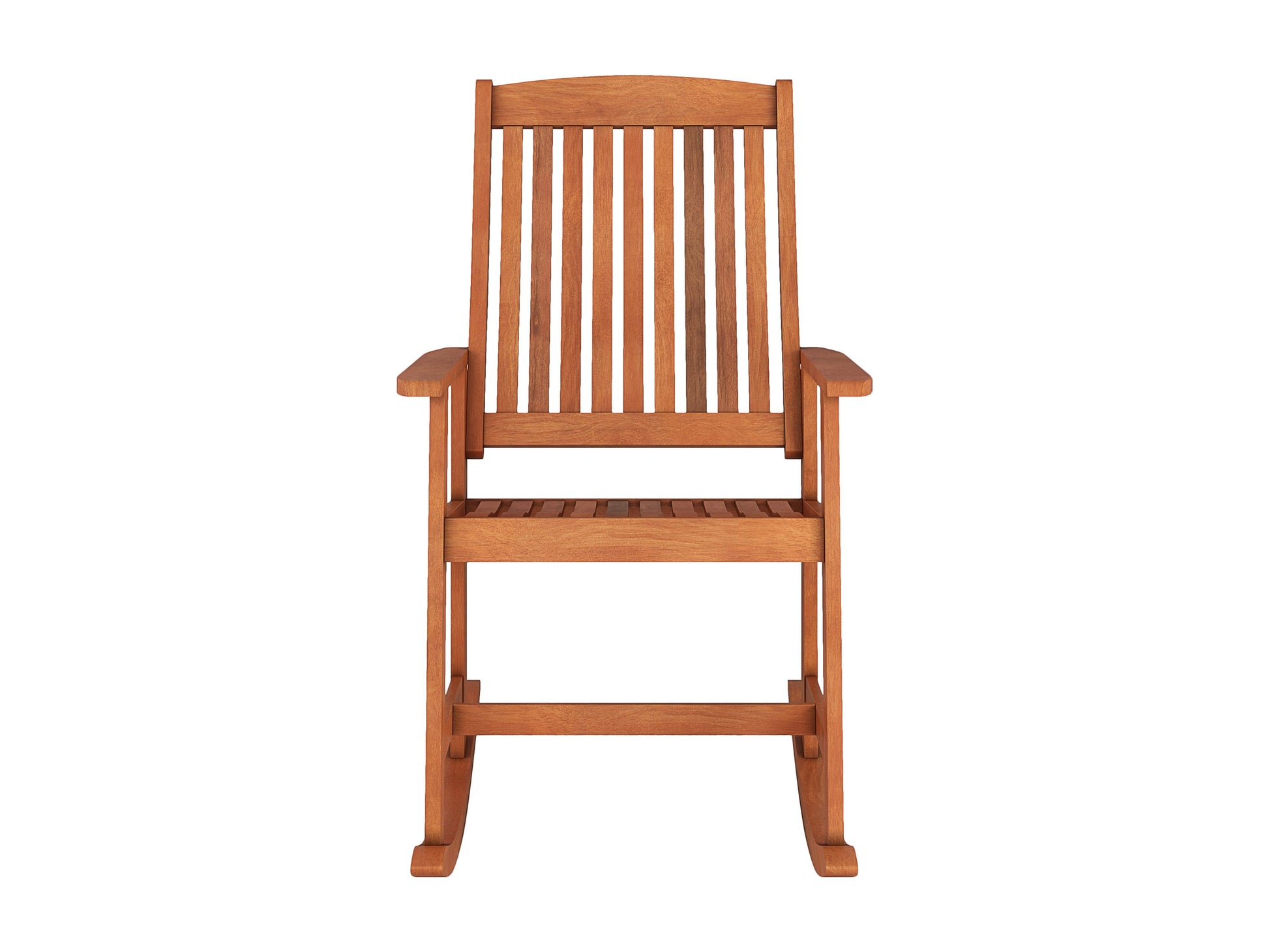 Brown outdoor rocking chair with curved wooden slats, ergonomic armrests, and sturdy frame. Ideal for patios and gardens, providing comfortable seating with a classic rustic design.