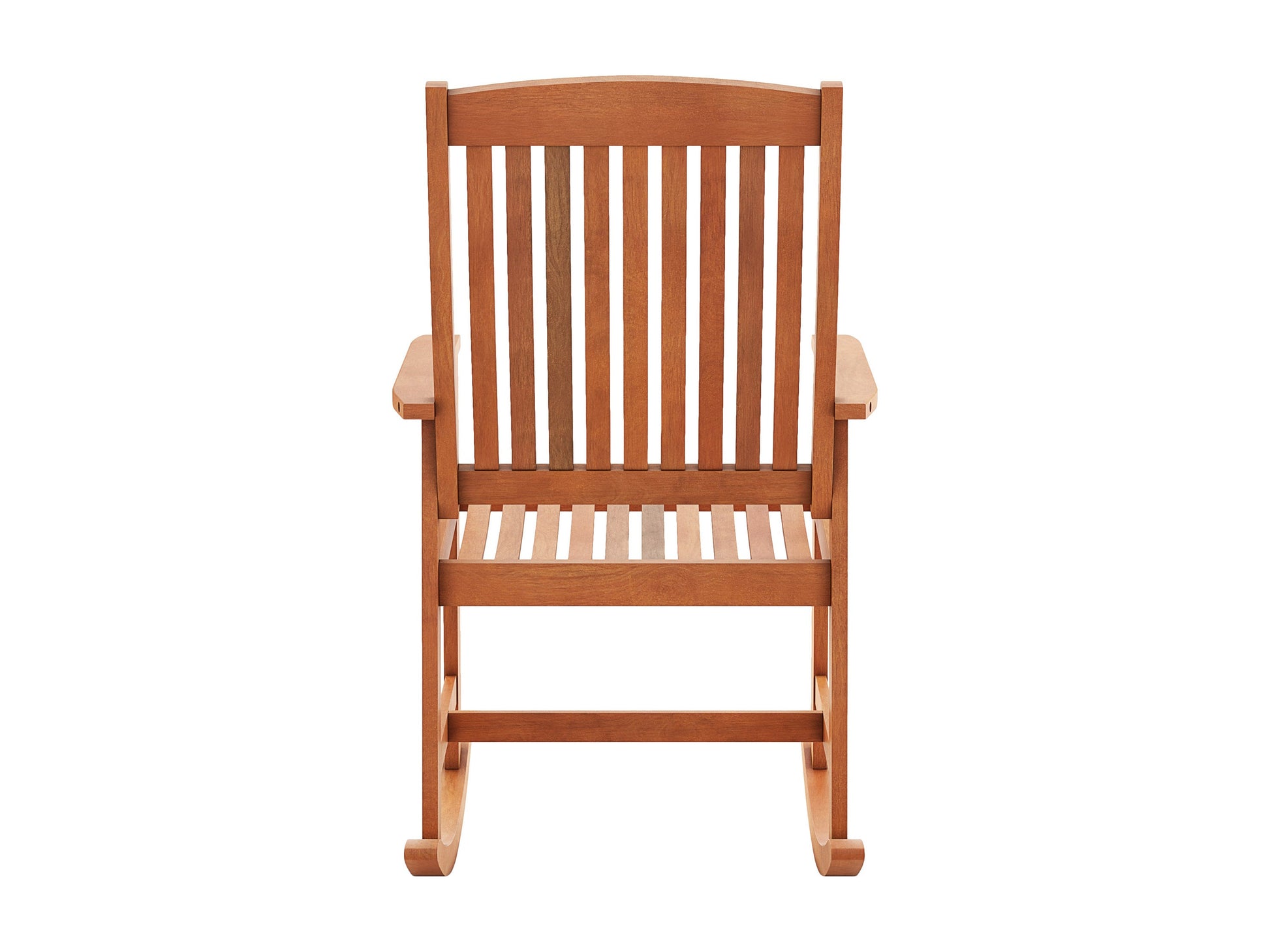 Brown outdoor rocking chair with curved wooden slats, ergonomic armrests, and sturdy frame. Ideal for patios and gardens, providing comfortable seating with a classic rustic design.
