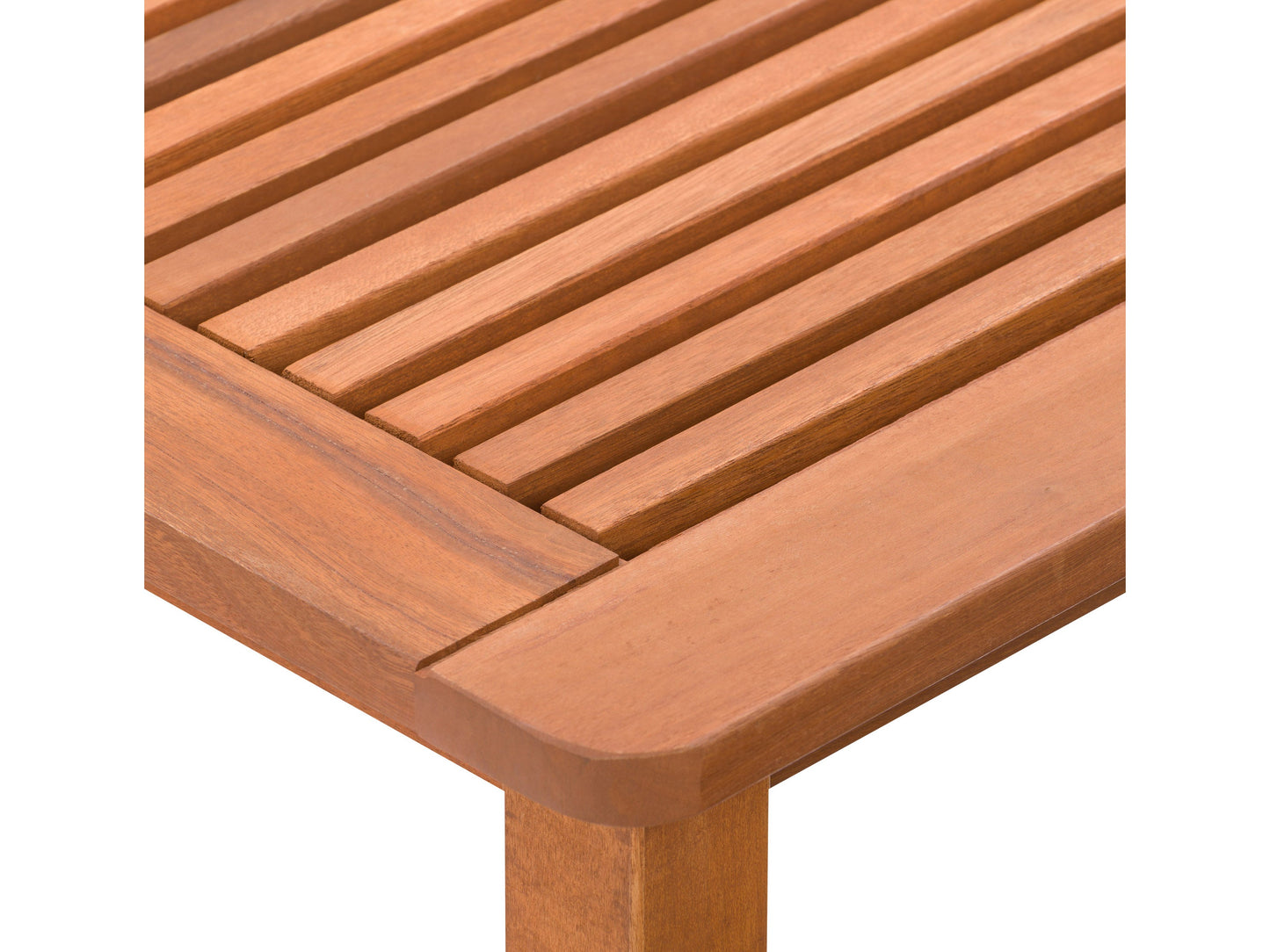 Brown hardwood outdoor side table with slatted top and sturdy legs, perfect for patio or garden use. Durable, weather-resistant material ideal for outdoor settings.