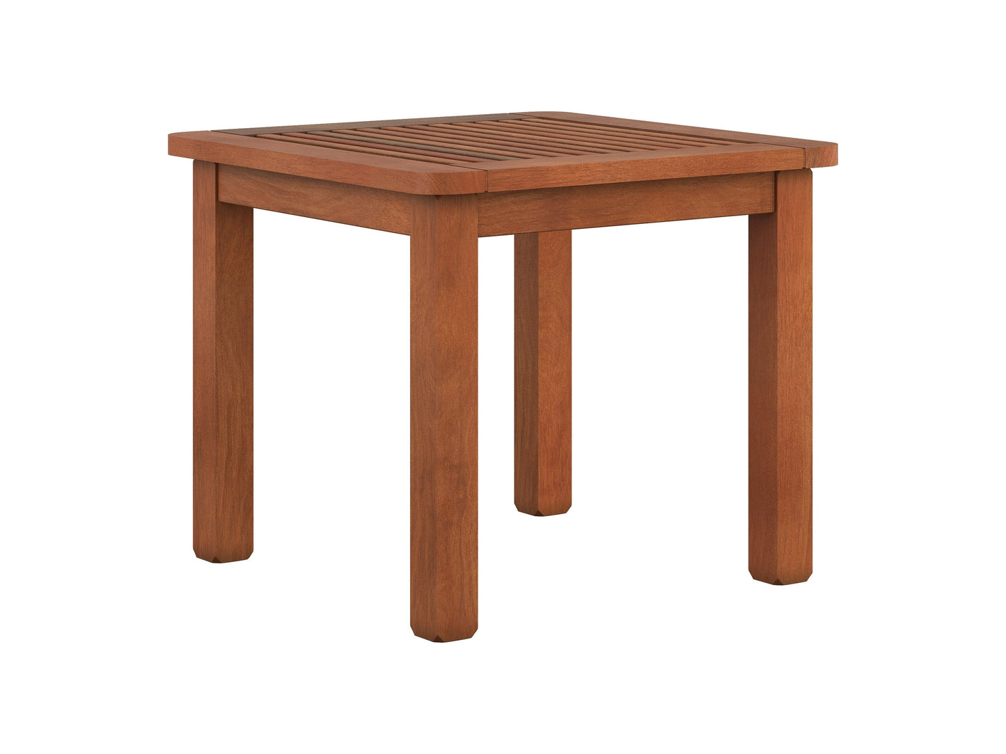 Brown hardwood outdoor side table with slatted top and sturdy legs, perfect for patio or garden use. Durable, weather-resistant material ideal for outdoor settings.