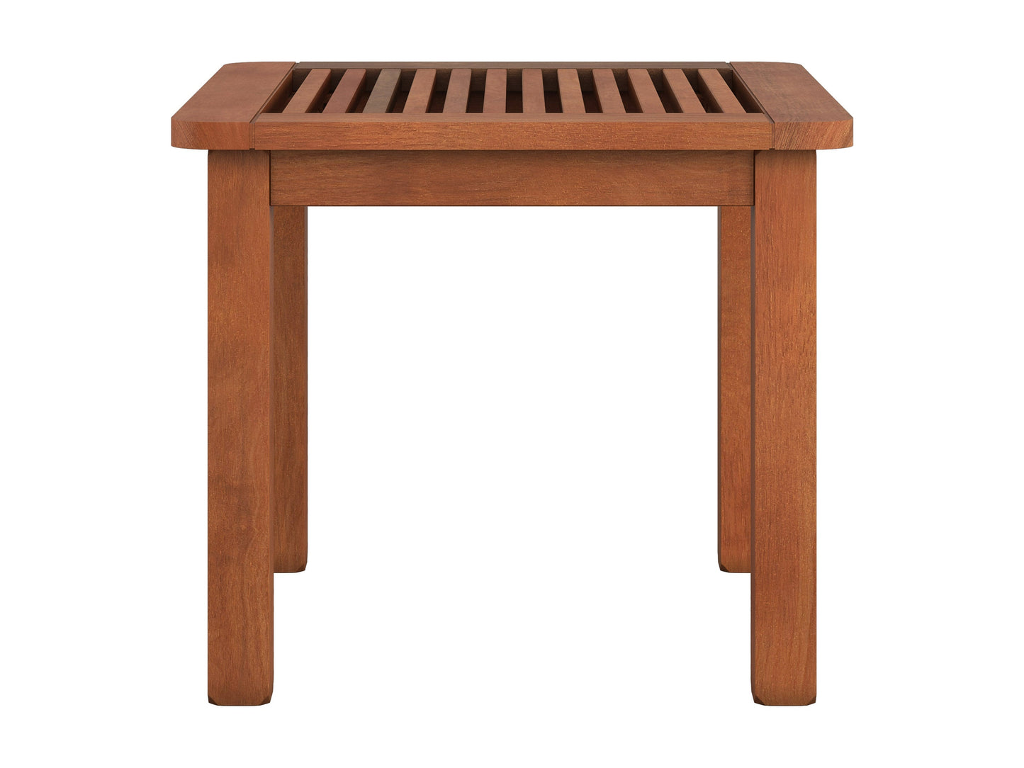 Brown hardwood outdoor side table with slatted top and sturdy legs, perfect for patio or garden use. Durable, weather-resistant material ideal for outdoor settings.