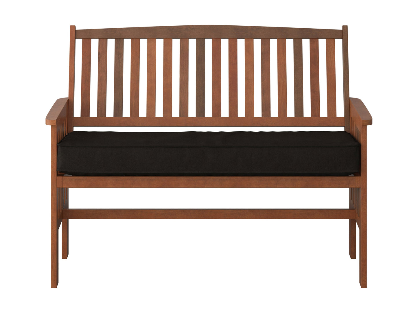 Brown wooden patio bench with backrest, featuring slatted seat and back, sturdy armrests, and natural wood grain texture. Ideal for outdoor seating and garden decor.