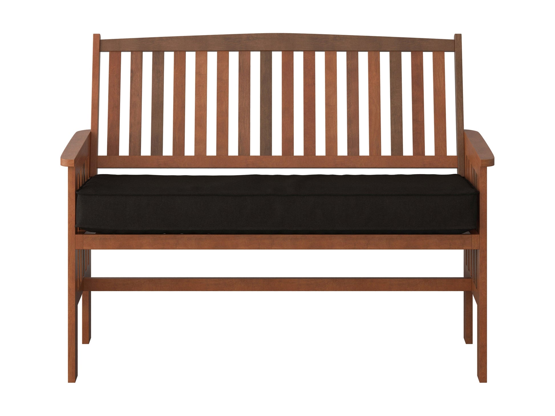 Brown wooden patio bench with backrest, featuring slatted seat and back, sturdy armrests, and natural wood grain texture. Ideal for outdoor seating and garden decor.